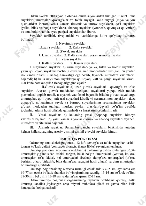 teoblastlar) hujayralaridan paydo bo’ladi. suyaklar takomili davrida ularning hammasi bir xilda rivojlanmay, balki ba’zilari biriktiruvchi to’qimadan taraqqiy etadi, bular birlamchi suyaklar deb ataladi. birlamchi suyaklarga kallaning miya qismidagi qoplovchi suyaklar va barcha yuz suyaklari kiradi: boshqa suyaklar tog’aydan tuziladi, bunga ikkilamchi suyaklanish deyiladi. umuman suyaklanish jarayoni quyidagi to’rt: 1) endesmal, 2) perixondral, 3) periostal va 4) enxondral turlariga bo’linadi. 1. endesmal suyaklanish (en-ichida, desma-aloqa) biriktiruvchi to’qimadan boshlanib, birlamchi suyaklanish vujudga keladi. embrion yosh birikituvchi to’qimasining ma’lum bir nuqtasi (keyingi suyak nuqtasi - punctus ossificationis ga yaqin joy) dan osteoblastlar zo’r berib ko’payib, qator joylashadi va suyakning asosiy moddasini hosil qilib, suyak hujayralariga aylanadi. natijada suyaklanish nuqtasi (yadrosi-punctum ossificationis) hosil bo’ladi. suyaklanish nuqtasi turli tomonga qarab o’sadi. 2. perixondral suyaklanish (peri-atrof, chondral-tog’ay) mezenxima to’qimalaridan hosil bo’ladigan suyaklar shaklida vujudga keladi. keyinchalik bular yaxlit gialin tog’ayiga aylanadi va tog’ay usti pardasi (perixondr-perichondrium) bilan qoplanadi. perixondrning ichki qavatidagi hujayralarning zo’r berib ko’payishi natijasida …