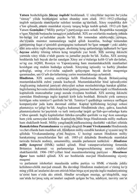 hatdan kuchayishi bilan yaponiyaning mustamlakachilik intilishlari ham avj olib bordi. 1904–1905-yillardagi rus-yapon urushidan keyin yaponiya janubiy manchjuriya va koreya ustidan oʻz hukmronligini oʻrnatib, koreyaning tashqi siyosatini ham belgilay boshladi. 1910-yildan koreya rasman yaponiyaning mustamlakasi boʻlib qoldi. modernizatsiya jarayonida gʻarb madaniyatiga taqlid qilish, undan ilgʻor fan va texnika yutuqlarini qabul qilish mamlakatning umumiy madaniy darajasini oshirishga xizmat qildi. hukumatning madaniyatni yanada yevropalashtirish talabi aholining bir qismi, ayniqsa, ziyolilar oʻrtasida norozilikni keltirib chiqardi. sanʼat namoyandalari orasida yapon milliy madaniyatini, oʻziga xos sanʼatini tiklash gʻoyasi kuchaydi. xitoy. ikkinchi afyun urushi (1856–1860)dagi magʻlubiyatdan keyin xitoyning hukmron doiralari mamlakatni gʻarb davlatlarining daromad manbaiga aylanib qolish xavfidan xalos qilishga yana bir bor urinib koʻrdilar. natijada “oʻz-oʻzini kuchaytirish” (“szi syan”) nomini olgan taraqqiyotning yangicha yoʻli ishlab chiqildi. bu yoʻl jiddiy oʻzgarishlarsiz 1895-yilgacha amalga oshirildi. shunga qaramasdan, aholi soni jihatidan dunyoning eng katta mamlakati chet davlatlarning yarim mustamlakasi boʻlib qolayotgan edi. xx asr boshlarida mamlakatning 400 mln aholisidan …