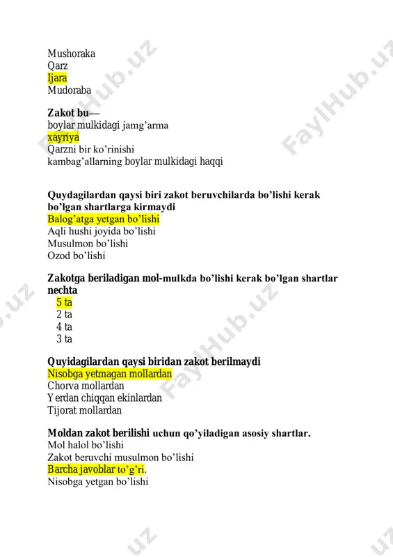 avtomobil,texnika, asbob-uskunalarni uzi ishlayotgan yoki kerakli narsani zakot kimlarga berilmaydi musofirlarga g’ayri dinlarga musulmonlarga ayollarga ulamolar ijarani joizligiga nimalardan dalil keltirishgan hadisdan ijmodan barcha javoblar to’g’ri qur'oni karimdan quyidagilardan qaysi biri savdo odoblariga kirmaydi rostgo`ylik saxiylik foydada haddan oshmaslik olijanoblik sarf bu… pulni pulga ayraboshlash tovarni pulga ayiraboshlash tovarni tovarga ayiraboshlash to’g’ri javob yo’q salam bu … pulni pulga ayraboshlash pulni oldindan berib, tovarni keyin olish pulni keyin berib, tovarni oldindan olish tovarni-tovarga ayraboshlash ortiqchalik foizi nima deyiladi ribo al-nasiya ribo al-noma ribo al-fadl ribo al-jins bay' nima foiz ribo sudxurlik savdo arab tilida qarz so`zi o`rnida yana qaysi atama ishlatiladi dayn bay' ray' rimol islomda chayqovchilik nima deyiladi. maysir ribo bay' garar islomda savdo bitimini amalga oshganligiga dalolat qiluvchi so`zlar "oldim" va sotdim" "sotaman" va "olaman" "olasan" va "sotasan" "olasizmi" va "sotasizmi" savdo shartnomalarining hukmiga koʻra turlari …. sahih, fosid, botil sahih, botil, makruh fosid, botil, mandub makruh, mandub, …