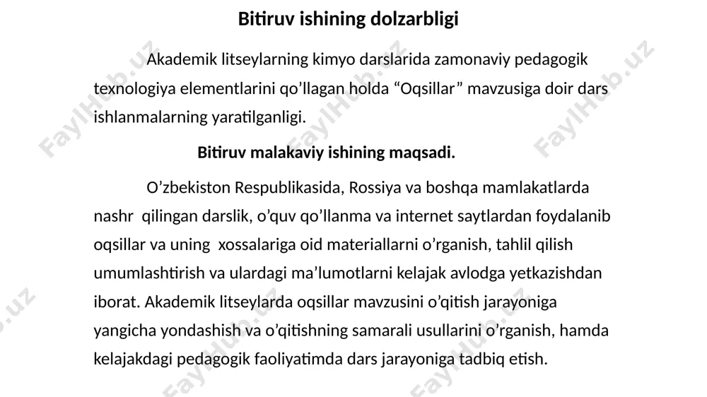 zilishi, oqsillarning birlamchi strukturasi, oqsillarning ikkilamchi strukturasi, oqsillarning uchlamchi strukturasi, oqsillarning to‘rtlamchi strukturasi, denaturasi, muhim vakillari. 2 ma’ruza 2. oqsillarning tuzilishi va xossalariga doir masala va mashqlar yechish. 2 amaliy 3. oqsillarning xossalari (labaratoriya ishi № 15) 2 labaratoriya ishi akademik-litseylarning tabiiy fanlar yo’nalishlariga ‘’oqsillar’’ mavzusiga davlat ta’lim standartlarida 6 soat ajratilgan. ular quyidagicha taqsimlangan. dastlab talabalarga mavzu tushuntiriladi, ya’ni oqsillar, ularning siflanishi, birlamchi, ikkilamchi, uchlamchi, to’rtlamchi strukturalari, denaturatsiyasi, biologik funksiyalari haqida ma’lumot beriladi. oqsillar – yuqori molekulyar biopolimerlar bo‘lib, organizmlardagi biokimyoviy jarayonlarning amalga oshishida muhim rol o‘ynaydi. ularsiz hayotni tasavvur etib bo‘lmaydi. oqsillar oddiy va murakkab oqsillarga bo‘linadi. oddiy qsillar – albuminlar, globulinlar, prolaminlar, protenoidlar, protaminlar, glyutelinlar. murakkab oqsillar – xromoproteidlar, nukleoproteidlar, glikoproteidlar, lipoproteidlar. oqsillarning birlamchi strukturasi. oqsillarning birlamchi tuzilishi deganda, polipeptid zanjiridagi aminokislotalar qoldiqlarining soni va joylashish tartibi tushuniladi. bu tartib irsiy belgilangan bo‘lib, avloddan avlodga o‘zgarmasdan o‘tadi. 1958-yilda p.zanger 51ta aminokislota qoldig‘ini saqlagan insulin oqsilida aminokislotalarning umumiy …