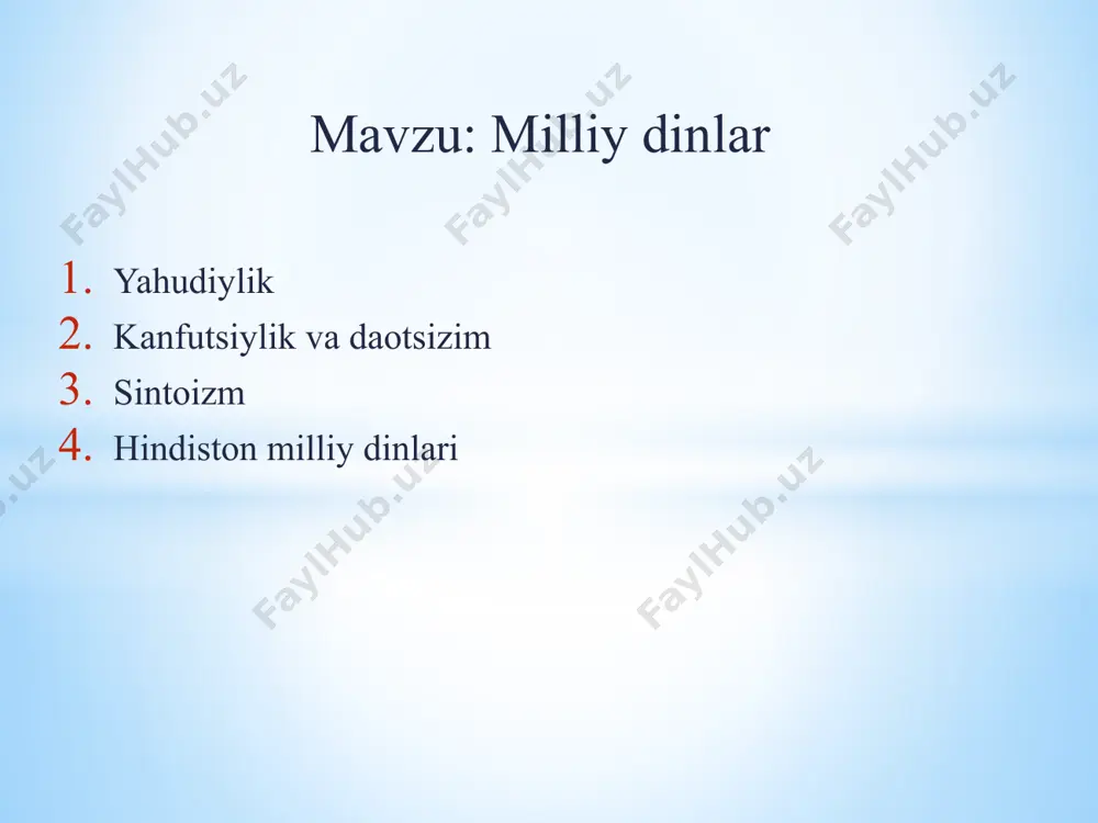 va boshqalar. bular islomda payg‘ambar deb tan olinadi. qabilalar ichida iuda qabilasi kuchli xisoblanib obro‘si juda oshib ketgan, uning xudosi yaxve esa brcha xudolardan yuqori turuvchi yakka xkumron xudo sifatida qabul qilingan. shu tariqa yaxvedan boshqa xudolarga e’tiqod qilishga barham berilgan. quddus (ierusalim) shahrida markaziy ibodatxona qurilgan va yahudiy milliy davlat dini vujudga kelgan. 7 ta’limoti. yahudiylik ta’limoti to‘rt asosga tayanadi: olamlarni yaratuvchi yagona xudo yahvega imon keltirish. yahve so‘zi “rabb, parvardigor” ma’nosini beradi. yahudiylik ta’limotiga ko‘ra, yahve olamlarni yaratishni yakshanbadan boshlab juma kuni tugatdi, shanba kuni esa dam olishni buyurdi. shu sabab yahudiylik dinida shanba kuni ulug‘ kun hisoblanadi, hech bir ishga qo‘l urilmaydi. yahudiylar yer yuzidagi xalqlarning “eng mumtozi va u dunyoda berilajak in’omlarning eng haqlisi ekanligi. ular o‘zlarini xudo tomonidan saylangan muqaddas xalq ekanini, yaxudiyning ruhi xudoning bir qismi hisoblanishini da’vo qiladilar. messiya haloskorning kelishi haqida. unga ko‘ra, oxirzamonda yahve yahudiylar orasidan bir xaloskorni chiqaradi va quyidagi …