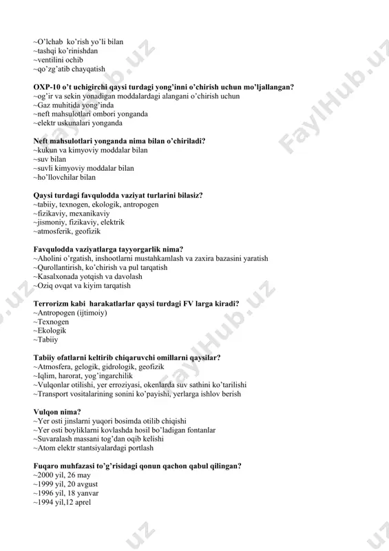 ir etuvchi zaharli moddalarni bilasiz? ~asab, teri, nafas olish a’zolari va umumzaharlovchi ~fiziologik va biologik ~jismoniy va ruhiy ~aqliy ko'chirish (evakutsiya) belgilari tuzilishi va shakli qanday? ~to'rtburchak bo'lib yashil rang foniga ega ~aylanasimom bo'lib qizil rang foniga ega ~uchburchak bo'lib sariq rang foniga ega ~aylanasimon bo'lib havorang fonga ega qaysi turdagi radiatsiyani o’lchash-nazorat qiluvchi asboblarni bilasiz? ~dp-5b, dp-24, dp-3 ~ops - 2, ovx-10, prs-3 ~ug-2, vpxr ~ovx-28, ovp-10, ou-2 havodagi kimyoviy zaharli moddalar miqdori qaysi asbob bilan aniqlanadi? ~vpxr, vpxr-iv ~dp-24, id-1 ~dp-22, dp-5a ~dp-5a, id-2 zil -zila nima ? ~yer osti qatlamlaridagi lavalarni haraki, tiktonik plitalarni o’zaro ishqalanishi natijasidagi titrash ~tabbiy ofat bo’lib, planetaleni tortishish kuchlarida o’zgarish bo’lishi oqibatida. ~yer osti boyliklarni olishda sun’iy porlashlar oqibatida yuzaga keladigan tebranish ~kuchli dovul va to’fon natijasida yer kurrasini harakatini o’zgarishi oqibatida yuzaga keladigan holat chorvachilikda barqarorlikni oshirishning usul va vositalari nima? ~chorva hayvonlari uchun ozuqa bazasi, dori vositalari zaxirasi va xavfsizligini …