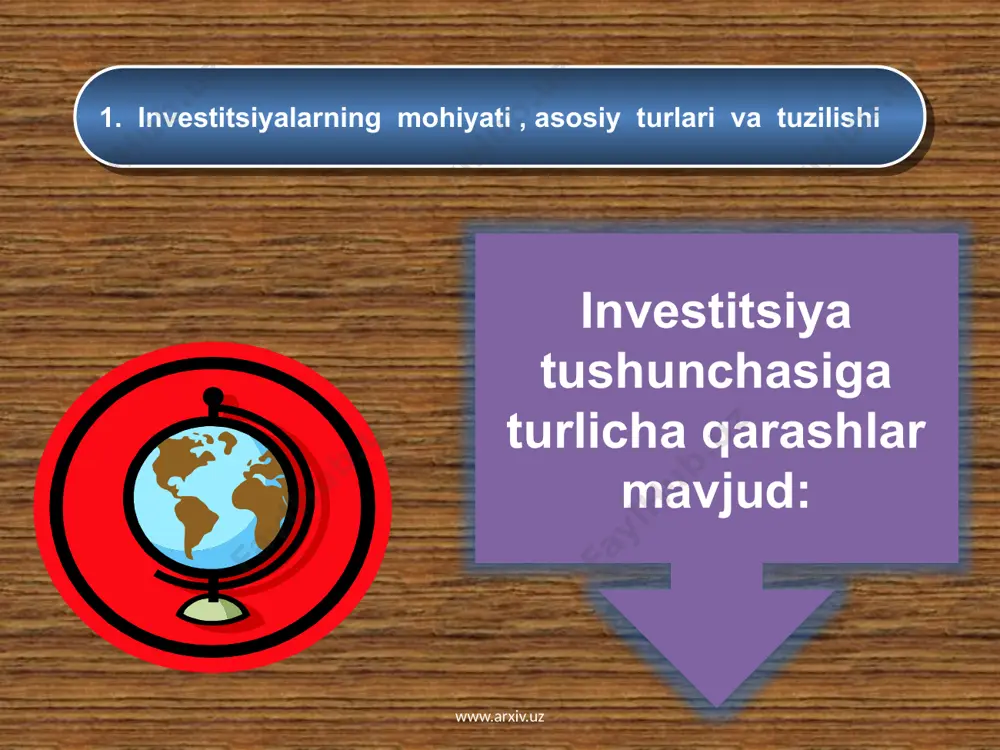 ktorga yo‘naltirilgan investitsiyalar ulushining 18,6 punktga o‘sishiga olib keldi va iqtisodiyotni rivojlantirishga yo‘naltirilgan jami investitsiyalarning 76,5 foizni tashkil qildi asosiy kapitalga investitsiyalarning mulkchilik shakllari bo‘yicha taqsimlanishi (%). 07/i 08/i asosiy kapitalga investitsiyalar 100 100 davlat mulki 42,1 23,5 nodavlat mulki 57,9 76,5 manba: o‘zbekiston respublikasi davlat statistika qo‘mitasi www.arxiv.uz iqtisodiy islohotlarni chuqurlashtirish va iqtisodiyotning liberallashuvi investitsiyalarni moliyalashtirish manbalari bo‘yicha tarkibining o‘zgarishiga ta’sir ko‘rsatdi. investitsiyalarning umumiy hajmida markazlashgan mablag‘larning ulushi 2007 yil i кварталдаги 34,2 foizdan joriy yilning birinchi choragida 22,6 foizgacha qisqardi. davlat byudjeti hisobidan moliyalashtirilayotgan mablag‘larning ulushi 8,5 punktga, hukumat kafolati ostida olingan xorijiy kreditlar ulushi esa 0,6 punktga kamayib, hisobot davrida o‘zlashtirilgan investitsiyalar umumiy hajmiga nisbatan mos ravishda 8,9 % va 6,3 %ni tashkil etdi. joriy yilning birinchi choragi davomida asosiy kapitalga kiritilgan investitsiyalarning asosiy moliyalashtirish manbasi bo‘lib korxonalarning o‘z mablag‘lari xizmat qildi. ularning umumiy investitsiyalardagi ulushi 10,8 punktga ortib, 54,3 foizni tashkil etdi www.arxiv.uz kapital qo‘yilmalarning moliyalashtirish …