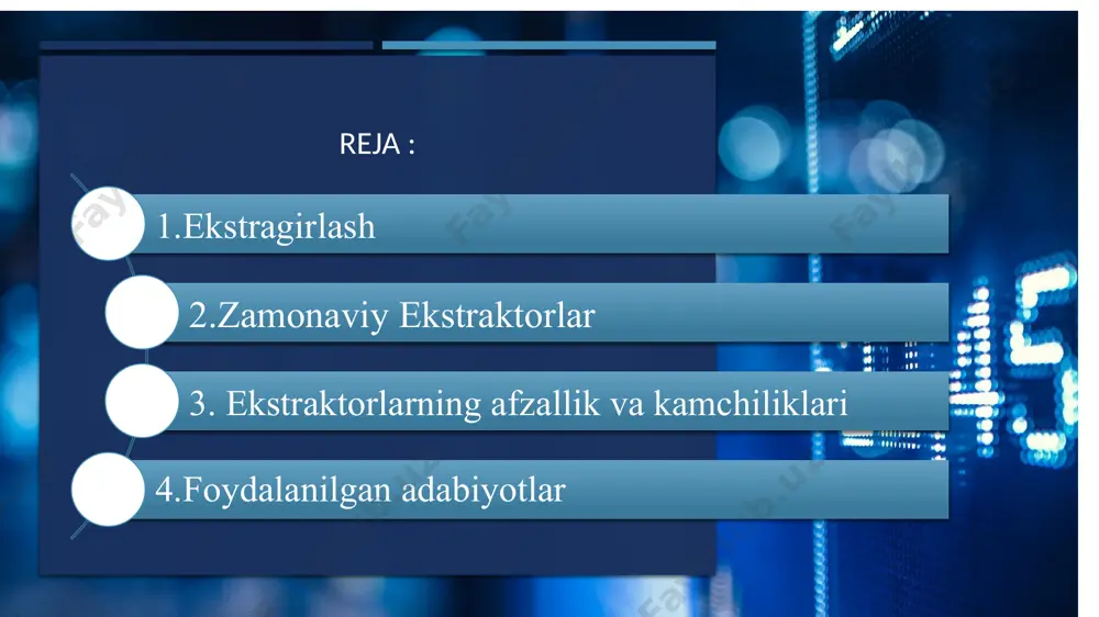 erali-rotasion (aylanuvchi) ekstraktor: french, speyshim, blaunoks, rotosell, ekstexnik va boshqalar. afzalligi: olinayotgan missella konsentrasiyasining yuqoriligi (25-35%), missellaning tiniqligi, shrot moyliligining kichikligi, ekstraktorning ixchamligi va yuqori unumdorligi. kamchiliklari: ishchi hajmdan foydalanish koeffisiyentining kichikligi (45-85%), natijada erituvchi bug’lari bilan havodan iborat portlovchi aralashmaning hosil bo’lish mumkinligi, erituvchi va missellaning resirkulyatsiya tizimi murakkabligi, uskunani harakatga keltiruvchi mexanizmning nisbatan murakkabligi. aralash usul bilan ishlaydigan ekstraktorlar. “filtreks” ekstraktor uskunasi, stork firmasi (gollandiya). yuqorida turlari qayd qilingan ekstraktorlardan respublikamiz yog’-moy korxonalarida nd-1250, nd-1250m, t-1mem-400, djanassa, xitoyning “karusel”, eronning “kusho” ekstraktorlari, 1 va 2 yarusli “ekstexnik” rusumidagi ekstraktorlar ishlab turibdi. erituvchini haydashda ochiq bug’ bilan birga vakuumni qo’llanilishi missellani qaynash haroratini yanada pasaytirish va qo’llanilayotgan ochiq bug’ni qizdirish uchun xizmat qiladi. misselladagi erituvchini yo’qotishning barcha sanab o’tilgan usullari zamonaviy ekstraksiya qurilmalarda keng ko’lamda qo’llanilad foydalanilgan adabiyotlar 1.http://fayllar.org/bargsimon-korinishda-forpress-kunjarasini-ekstraksiyaga-tayyor.html?page=7 2. aralashtirib – tindiruvchi ekstraktorlar (fayllar.org) 3. portal.guldu.uz-biotexnologik jarayon jihozlari.doc image1.jpeg image2.jpeg image3.png image4.png