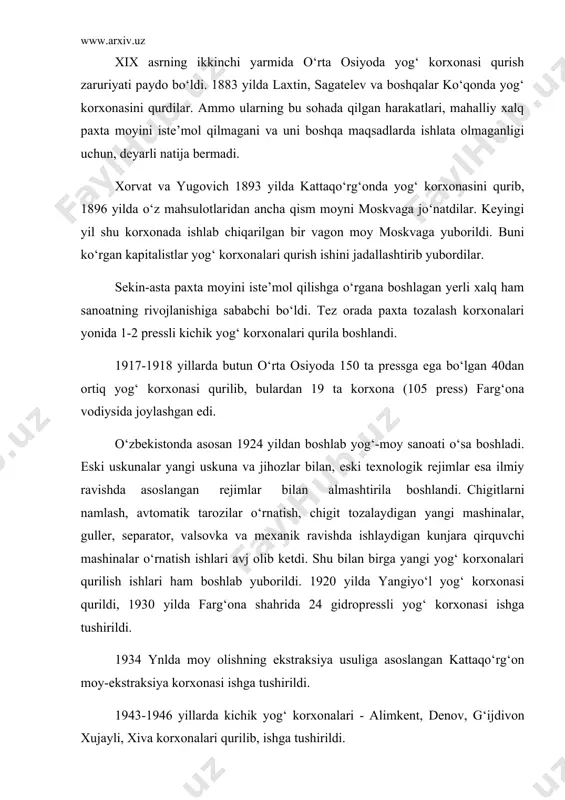 u bilan birga yangi yog‘ korxonalari qurilish ishlari ham boshlab yuborildi. 1920 yilda yangiyо‘l yog‘ korxonasi qurildi, 1930 yilda farg‘ona shahrida 24 gidropressli yog‘ korxonasi ishga tushirildi. 1934 ynlda moy olishning ekstraksiya usuliga asoslangan kattaqо‘rg‘on moy-ekstraksiya korxonasi ishga tushirildi. 1943-1946 yillarda kichik yog‘ korxonalari - alimkent, denov, g‘ijdivon xujayli, xiva korxonalari qurilib, ishga tushirildi. keyigi yillarda qо‘qon, uchqо‘rg‘on, buxoro va qarshi shaharlarida ekstraksiya va ekspeller korxonalari qurildi. shundan sо‘ng paxta korxonalari beradigan hamma chigit respublikaning о‘zida qayta ishlanadigan bо‘ldi. hozirda mustaqil о‘zbekistonimizda 38 ta ochiq turdagi aksionerlik jamiyatlari, 4 ta qо‘shma korxona о‘z faoliyatlarini olib bormoqda. respublikamizda kuchli yog‘-moy sanoati potensiali yaratilgan bо‘lib, quvvati jihatdan mustaqil davlatlar xamdо‘stligi mamlakatlari orasida yetakchi о‘rinlardan birini egallaydi. sanoatimizda chigitni qayta ishlash quvvati yiliga 3,6 mln.tonnani, margarin mahsulotlari ishlab chiqarish quvvati yiliga 524 ming tonnani, mayonez ishlab chiqarish 2 ming tonnani, xо‘jalik sovuni ishlab chiqarish 120 mln. tonnani, atir sovuni ishlab chiqarish 8 ming …
