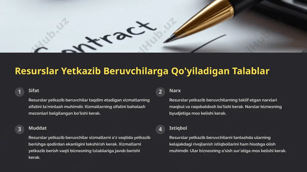ganligini tasdiqlaydi. imzolangan shartnoma huquqiy hujjat hisoblanadi. resurslar yetkazib beruvchilarga qo'yiladigan kafolatlar sifat resurslar yetkazib beruvchilar taqdim etgan xizmatlarning sifatiga kafolat berishlari kerak. kafolat xizmatlarning sifati va ishonchliligi bo'yicha kafolat beradi. muddat resurslar yetkazib beruvchilar xizmatlarni o'z vaqtida yetkazib berishga kafolat berishlari kerak. bu biznesning ish rejasiga muvofiqlikni ta'minlaydi. xavfsizlik resurslar yetkazib beruvchilar biznesning ma'lumotlarini xavfsiz saqlashga kafolat berishlari kerak. ma'lumotlar xavfsizligi biznesning obro'siga ta'sir qiladi. resurslar yetkazib beruvchilarni nazorat qilish 1 muntazam nazorat resurslar yetkazib beruvchilarning ishlarini muntazam ravishda tekshirish kerak. nazorat xizmatlarning sifati va o'z vaqtida bajarilishiga ishonch hosil qilishga yordam beradi. 2 hisobot resurslar yetkazib beruvchilar tomonidan bajarilgan ishlar bo'yicha muntazam hisobotlar olish kerak. hisobotlar xizmatlarning bajarilishi to'g'risida ma'lumot beradi. 3 muammolarni hal qilish resurslar yetkazib beruvchilarning ishlarida paydo bo'lgan muammolarni o'z vaqtida hal qilish kerak. muammolarni hal qilish xizmatlarning sifatini ta'minlashga yordam beradi. resurslar yetkazib beruvchilarning ishlariga baho berish 1 sifat resurslar yetkazib beruvchilar taqdim etgan …
