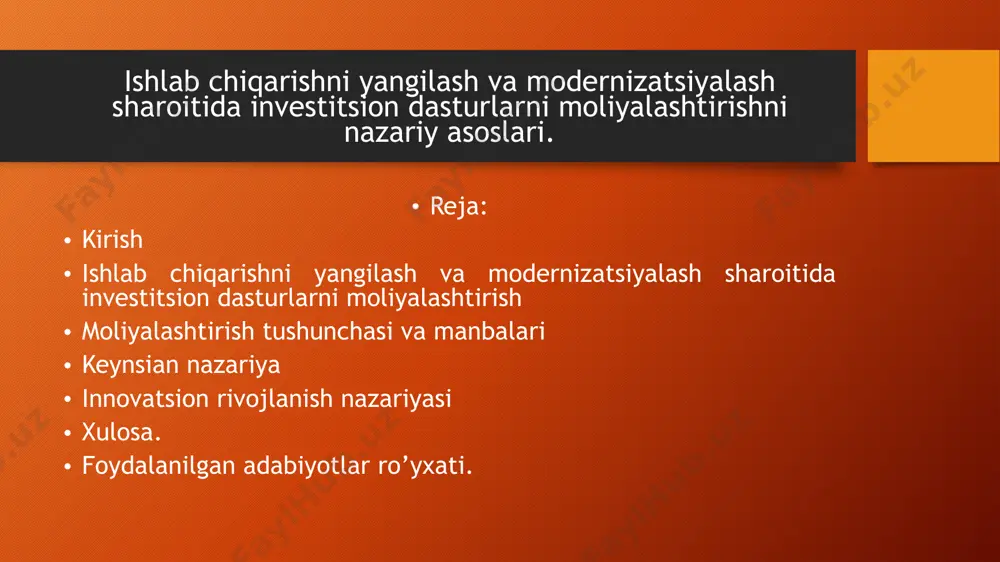 mcha jamg‘armalari. tashqi manbalar: bank kreditlari va lizing; mahalliy va xorijiy investorlar mablag‘lari; davlat subsidiyalari va grantlar; qimmatli qog‘ozlar chiqarish orqali mablag‘ jalb qilish. ishlab chiqarishni yangilashda investitsiyalarning roli ishlab chiqarishni modernizatsiyalash jarayonlarida investitsiyalar quyidagi yo‘nalishlarda muhim ahamiyat kasb etadi: asosiy kapitalni yangilash: samaradorligi pasaygan eski uskunalarni zamonaviy texnologiyalar bilan almashtirish. innovatsiyalarni joriy etish: mahsulot sifatini oshirish va yangi bozorlarga chiqish. raqobatbardoshlikni ta’minlash: rivojlangan bozor talablari bilan mos keluvchi texnologiyalarni qo‘llash. investitsion dasturlarni moliyalashtirishning nazariy asoslari investitsion jarayonlar iqtisodiyot nazariyasi nuqtai nazaridan turli yondashuvlarni talab qiladi. ularning eng muhimlari: klassik nazariya bo‘yicha investitsiyalar iqtisodiyotda jamg‘arma darajasi bilan bog‘liq. moliyalashtirishning asosiy manbai korxonalar tomonidan yaratilgan jamg‘armalar va kapitallarning bozor muvozanati hisoblanadi. keynsian nazariya keyns yondashuvida investitsiyalar daromadlar va foiz stavkalariga bog‘liq. yuqori foiz stavkalari investitsiya faoliyatini cheklaydi; past foiz stavkalari esa ishlab chiqarishni modernizatsiyalashga yo‘naltirilgan investitsiyalarni rag‘batlantiradi. innovatsion rivojlanish nazariyasi schumpeterning innovatsion rivojlanish nazariyasiga ko‘ra, yangi texnologiyalarni joriy etish investitsiyalarning asosiy …
