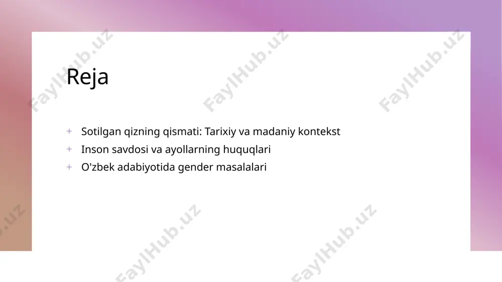 o'zgartirdi. inson savdosi: o'zbekistonda ayollarning huquqlari va muammolari. huquqlar va muammolar o'zbekistonda ayollar inson savdosi qurboniga aylanishi natijasida o'z huquqlaridan mahrum bo'ladi, bu esa ularning ijtimoiy himoyasini zaiflashtiradi. huquqiy tizim o'zbekistonda inson savdosi bo'yicha qonunlar mavjud, lekin ularning samaradorligi past. ko'plab ayollar o'z huquqlarini bilmaydilar va adolatsizlikka duch keladilar. ijtimoiy ta'sir inson savdosi o'zbekistonda ayollarning iqtisodiy va ijtimoiy holatiga salbiy ta'sir ko'rsatadi, bu ularning oilalari va jamiyat uchun ham xavf tug'diradi. gender tengligi: inson savdosi va uning ayollarga ta'siri. 1 gender va tenglik gender tengligi, ayollarning inson savdosida duch kelgan muammolarini ochib beradi. o'zbek jamiyatida ayollar ko'pincha ijtimoiy va iqtisodiy jihatdan himoyasiz qoladilar. 2 savdo va ayollar inson savdosi, o'zbekistondagi ayollarning huquqlarini poymol qiladi. bu masala, ularning iqtisodiy va ijtimoiy mustaqilligiga salbiy ta'sir ko'rsatadi. 3 ta'sir va yechimlar gender tengligi va inson savdosining ta'sirini kamaytirish uchun huquqiy va ijtimoiy chora-tadbirlarni amalga oshirish zarur. bu, ayollarning huquqlarini himoya qilishga yordam beradi. …