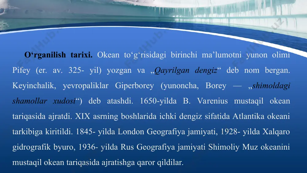 ari okean suvlarini ancha chuchuklashtiradi. natijada, organizmlarning rivojlanishi uchun sharoit paydo bo‘ladi. baliqlardan treska, tishdor (zubatka), dengiz okuni, seld, paltus, kambala, shuningdek, kamayib ketgan kitsimonlar, morj, tulen, oq ayiq ko‘p uchraydi. arktikada dengiz qushlari „qushlar bozori“ ni hosil qiladi. this presentation uses a free template provided by fppt.com www.free-power-point-templates.com xo‘jalikda foydalanilishi. shimoliy muz okeani kanada, rossiya va qisman aqsh uchun muhim ahamiyatga ega. u birinchi navbatda arzon dengiz yo‘li hisoblanadi. navigatsiya (kema qatnovi mavsumi) davri 1 — 4 oy, lekin atom muzyorar kemalari navigatsiya davrini ancha uzaytiradi. norvegiya sohillari, barens dengizida yil davomida kemalar qatnaydi. this presentation uses a free template provided by fppt.com www.free-power-point-templates.com