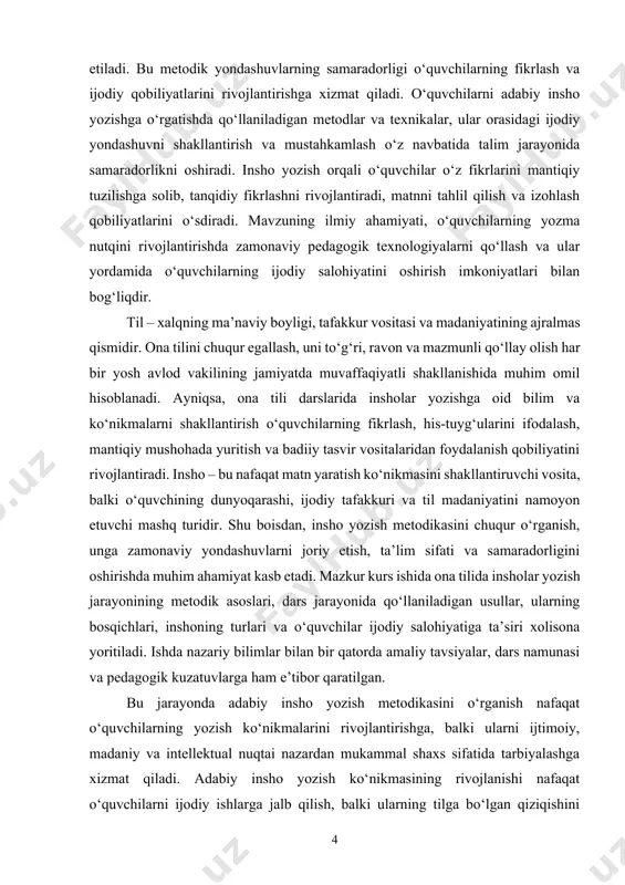 niqlash. 4. pedagogik tajriba va dars amaliyoti asosida samarali metodik tavsiyalar ishlab chiqish. kurs ishining obyekti: ona tili ta’lim jarayoni va unda o‘quvchilarning yozma nutqini shakllantirishga yo‘naltirilgan insholar yozish faoliyati kurs ishining obyektini tashkil etadi. kurs ishining predmeti: ona tili darslarida insholar yozishning uslubiy-metodik yondashuvlari, bosqichlari va o‘quvchilarning yozma nutqini shakllantirishdagi o‘rni kurs ishining predmetini tashkil etadi. kurs ishining tuzilishi: kirish, 2 bob, 4 paragraf, xulosa va foydalanilgan adabiyotlar iborat. i bob. adabiy insho yozish ko‘nikmasini rivojlantirish metodikasi 1.1. insho yozish uchun zarur bo‘lgan ijodiy yondashuvlarni rivojlantirish adabiy insho yozish — o‘quvchilarning yozma nutqini rivojlantirish, ijodiy fikrlashini oshirish va badiiy adabiyotga bo‘lgan qiziqishini kuchaytirishning samarali usulidir. adabiy insho yozish jarayonida o‘quvchilar o‘z fikrlarini izchil va mantiqiy tarzda ifodalashga, asarlarni tahlil qilishga, o‘z fikrlarini yozma shaklda bayon etishga o‘rgatiladi. bu jarayon metodikani to‘g‘ri va samarali qo‘llashni talab etadi. adabiy insho yozish ko‘nikmasini rivojlantirishning metodikasi quyidagi asosiy jihatlarni o‘z ichiga oladi: 1. …