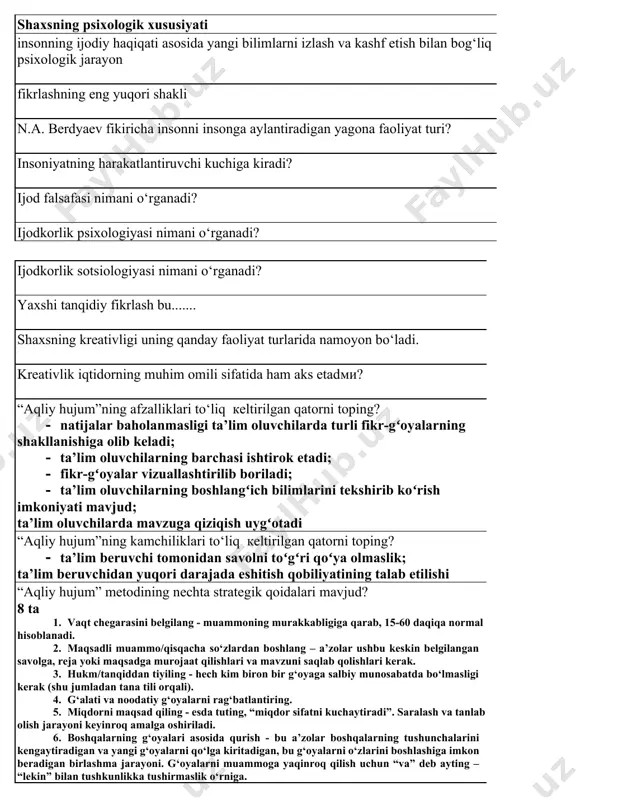 kazib bera olish qobiliyati tushuniladi. shaxsiy ijodkorlikni rivojlantirish uchun samarali, tahliliy fikrlashning 2-quroli: tahlilning mazmuni nimadan iborat?? tahlil deb turli qismlardan iborat axborotlarni jamlab, ularning xulosasini tushunishga aytiladi shaxsiy ijodkorlikni rivojlantirish uchun samarali, tahliliy fikrlashning 3-quroli: mantiqiy va dalil asosida fikrlashning mazmuni nimadan iborat? mantiqiy va dalil asosida fikrlash mavjud ma’lumotlar asosida to‘g‘ri xulosa yoki natijaga erishish uchun yana nimalar lozim bo‘lishini anglash qobiliyatidir shaxsiy ijodkorlikni rivojlantirish uchun samarali, tahliliy fikrlashning 4-qurol: baholashningг mazmuni nimadan iborat? sizga taqdim etilayotgan ma’lumotlarning to‘g‘riligini aniqlash uchun shu axborotni sizga yetkazayotgan shaxsning tajribasi, fikri va qarorining qanchalik xolisligini to‘g‘ri baholay olishingiz kerak maqsadingizni amalga oshirishga undash - bu……. moltivatsiya "opportunizm" so‘zining manosi? imkoniyatga oid shaxsiyat nima? o’zining barqaror psixologik xususiyatlari tizimida qabul qilingan konkert shaxs shaxsiyatning eng muhim xususiyati? yo’naltiruvchanlik individuallik-bu qobiliyat….. shaxsning psixologik xususiyati insonning ijodiy haqiqati asosida yangi bilimlarni izlash va kashf etish bilan bog‘liq psixologik jarayon fikrlashning eng yuqori shakli n.a. …
