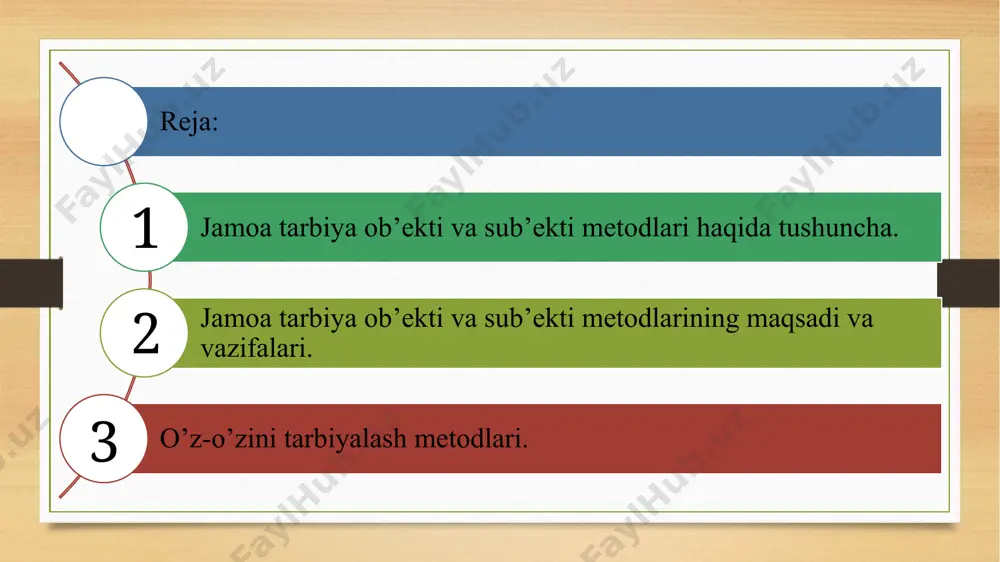 pedagogikasida turlicha tarbiya metodlari hamda vositalaridan foydalaniladi. xalq pedagogikasida qo’llanilgan xilma-xil tarbiya metodlarini quyidagi tarzda umumlashtirish mumkin: 1. tushuntirish (hikoya qilish, o’rgatish). 2. mashqlantirish (odatlantirish, mashq qildirish). 3. namuna (maslahat berish, uzr so’rash, o’rnak bo’lish). 4. nasihat qilish, o’git (undash, ko’ndirish, iltimos qilish, yolvorish, tilak-istak bildirish, ma’qullash, rahmat aytish, duo qilish, oq yo’l tilash va hokazolar). 5. qoralash va jazo (ta’kidlash, ta’na, gina, tanbeh berish, majbur qilish, koyish, ayblash, uyaltirish, qo’rqitish, nafratlanish, ont-qasam ichirish, urish, kaltaklash va hokazolar). 3. o’z-o’zini tarbiyalash metodlari. o’quvchida o’z-o’zini tarbiyalashga, ya’ni, o’z ustida ongli, bartartib ishlashga ehtiyoj paydo bo’lgandagina tarbiya jarayonini samarali deb hisoblash mumkin. tarbiya jarayonida o’z-o’zini tarbiyalash metodlaridan foydalanish samarali hisoblanadi. ushbu metodlar o’quvchilarning o’zini o’zi idora qilishlari, turli o’quvchilar organlari faoliyatida faol ishtirok etishlarini ta’minlash, ularning ijtimoiy mavqelarini oshirish maqsadida qo’llaniluvchi usullardir. o’z-o’zini tahlil (nazorat) qilish o’z shaxsi, mavjud fazilatlari, xatti-harakati, xulq-atvorini tahlil qilish, mavjud sifatlarni boyitish yoki salbiy odatlarni bartaraf etishga …