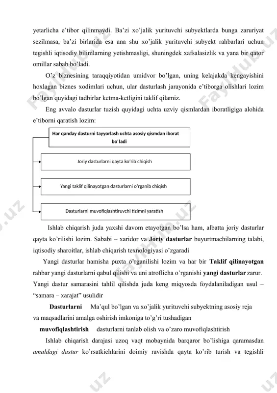 tgan daromad miqdorini amaldagi dastur ko’rsatkichlari bilan taqqoslashi lozimdir. nima uchun xo’jalik yurituvchi subyekt rahbari shu masalani shaxsan o’zi o’rganib chiqib, shaxsan o’zi qaror qabul qilishi lozimq – degan o’rinli savol tug’iladi. sababi, aynan rahbar hisobga olishi lozim bo’lgan juda ko’p omillar vujudga keladi, ularning aksariyatini bevosita miqdor jihatdan o’lchash imkoni bo’lmaganligi uchun, mutaxassislar aksariyat hollarda ularni e’tibordan chetda qoldirishadi, ya’ni hisobga olishmaydi. masalan, yangi dasturni qabul qilish xo’jalik yurituvchi subyekt imidjini ko’tarishi, atrof muhit ifloslanishini kamaytirishi, mehnat sharoitini yaxshilashi, ma’lumotlar ishonchlilik darajasini oshirishi va shu kabi bevosita miqdor jihatdan o’lchab bo’lmaydigan samaralarni berishi mumkin. juda ko’p xo’jalik yurituvchi subyektlar mana shu masala borasidagi amaliyotida dasturlarni muvofiqlashtirish tadbirini amalga oshirishadi. buning uchun ular dastavval amaldagi dastur va taklif qilinayotgan loyihalar o’rtasidagi farqli tomonlarni o’rganishadi, so’ngra taqqoslab ko’rishadi va nihoyat ikkalasidagi eng ma’qul ko’rsatkichlar doirasida muvofiqlashtirilgan dastur parametrlarini shakllantirishadi. muvofiqlashtirilgan dasurlar odatda uzoq muddatga, odatda 2-3 yil, ba’zi vaqtlarda 5-10 yillarga …