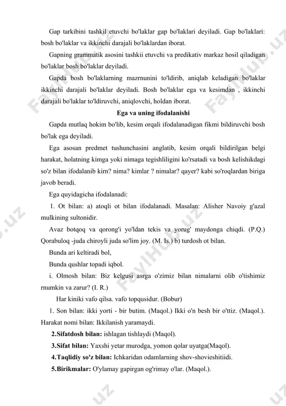 qol.). kesim va uning ifodalanishi eganing belgismi, hukmni tasdiq yoki inkor yo'li bilan ifodalaydigan bosh bo'lak kesim deyiladi.eganing belgisi harakat. . holat, xususiyat, sifat kabi mazmunlarni bildiradi. kesim egaga tobe bo'lib o'ziga bog'ianiib kelgan so'zlarda nisbatan hokimdir. masalan: bu yil bahor ancha kech keldi. kesim so'z turkumlari bilan ifodalanishiga ko'ra ikki turga bo'linadi: 1) fe'l kesim, 2) ot kesim . fe'l kesim. fe'l va uning tuslangan shakllari ravishdosh shakli bilan ifodalanib kelgan kesim fe'l kesim deyiladi. masalan: haydar ota yer ostidan uning yuziga qaradi. (a. q.) men xayol surib ketdim. (h. 0.) ot kesim. fe'ldan boshqa so'zlar bilan ifodalangan kesim ot kesim deyiladi. ular quyidagicha: ot bilan; yaxshining gapi - moy, yomonning gapi-loy (maqol). sifat bilan: mehnat qilgan elda aziz. vatan - ona so'zi naqadar aziz sensan har narsadan mo'tabar laziz (u.) son bilan: ikki o'n besh - bir o'ttiz, ikki - yorti bir butun. (maqol.) olmosh bilan: bizda odat …