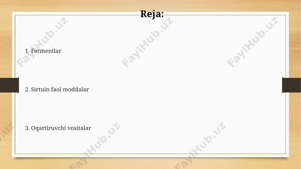 bu jarayon sezilishi mumkin. fermentlar o'zbekistonning samarqand viloyatida o'tkazilgan tadqiqotlar shuni ko'rsatdiki, 5 turdagi fermentlar teri oqlash jarayonida turli xil samaradorlik ko'rsatadi. yaponiyada ishlab chiqarilgan fermentlarning 20% dan ortig'i kosmetik vositalarda qo'llaniladi va teri tozaligini ta'minlaydigan fermentlar guruhiga kiradi. fermentlar, xususan, laktobazilluslar kabi ba’zi bakteriyalar tomonidan 37°c haroratda sut mahsulotlarida ishlab chiqariladi va terining sog‘lig'iga ijobiy ta’sir ko‘rsatadigan organik kislotalar hosil qiladi. oqartiruvchi vositalar ba'zi oqartiruvchi vositalar tarkibida 5 dan 15% gacha bo'lgan konsentratsiyada karbamid peroksidi mavjud bo'lib, bu tishlardagi dog'larni samarali olib tashlashga yordam beradi, biroq ularning qo'llanilishi stomatolog nazorati ostida bo'lishi kerak. oqartiruvchi vositalarning samaradorligi individual farq qiladi va natijalar 1 dan 6 haftagacha davom etishi mumkin, bu bemorning tishlarning dastlabki holati va oqartiruvchi vositadan foydalanish chastotasiga bog'liq. oqartiruvchi vositalarning 30% dan ortig'i vodorod peroksid asosida ishlab chiqariladi va ko'plab mamlakatlarda, jumladan, aqsh va yevropa ittifoqida, ularning qo'llanilishiga qat'iy me'yorlar qo'llaniladi. e'tiboringiz uchun rahmat @taqdimot_robot image3.png image4.png