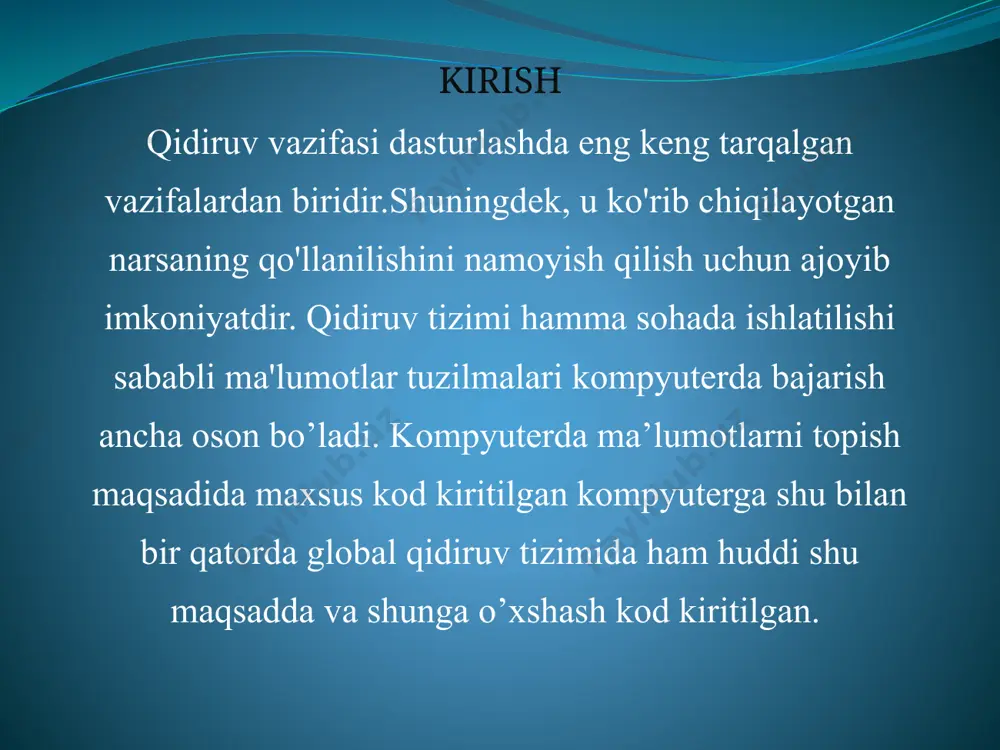 mos kelsa, unda element indeksi qaytariladi. agar oʻrta qism elementdan kattaroq boʻlsa, u holda ushbu element oʻrta qismning chap tomonidagi pastki qatorda qidiriladi. aks holda, element oʻrta elementning pastki qismidagi pastki qatorda qidiriladi. ushbu jarayon pastki massivda, shuningdek sub-massivning kattaligi nolga tushguncha davom etadi. dasturlash tillari asosan maxsus so'z va gaplarning mantiqiy konstruktsiyasidan foydalanib dasturlar yaratish imkoniyatini beradi. ob'ektga yo'naltirilgan yondashuvlar bir kunda o'ylab topilgan emas. uning paydo bo'lishi dasturiy ta'minotning tabiiy rivojidagi navbatdagi pog’ona, xolos. vaqt o'tishi bilan qanday uslublar ishlash uchun qulay, qaysinisi noqulay ekanini aniqlash oson bo'lib bordi. eng muvaffaqiyatli, vaqt sinovidan o'tgan uslublarni o'zida mujassam etadi. . dasturlar mashina tillarida ikkilik tasavvurda yozilar edi. dasturlarni mashina tilida yozishda tez-tez xatolarga yo'l qo'yilar, kodni kuzatib borish amalda deyarli mumkin emas edi. bundan tashqari, mashina kodlaridagi dastur tushunish uchun g’oyat murakkab edi. iii.xulosa xulosa qilib aytganda malumotlarni qidirish orqali ko’p masalalarni hal qilsa bo’ladi. katta-katta hajmdagi ma’lumotlar orasidan …