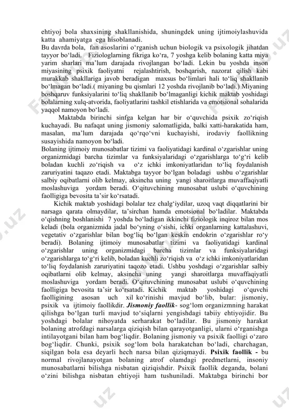 sh va bundan zerikmaslik, shu davrdagi bolalarga xos xususiyatdir. bog‘cha yoshidagi bolalarning ehtiyojlari va qiziqishlari jadal ravishda ortib boradi. 3-7 yoshli davrida bolalarning asosiy faoliyati quyidagi ketma-ketlikda kechadi: -predmetlarni o‘rganishi; -individual predmetli o‘yinlar, jamoa syujetli-rolli o‘yinlar; -individual va guruhiy ijod; -musobaqa o‘yinlari; -muloqot o‘yinlari; -uy mehnati. bog‘cha yoshidagi bolalar nutqni bir muncha to‘la o‘zlashtirganlari va haddan tashqari harakatchanliklari tufayli ularda o‘zlariga yaqin bo‘lgan katta odamlar va tengdoshlari bilan munosabatda bo‘lish ehtiyoji tug‘iladi. ular tor doiradan kengroq doiradagi munosabatlarga intila boshlaydilar. ular endi bog‘chadagi o‘rtoqlari va qo‘ni-qo‘shnilarning bolalari bilan ham jamoa bo‘lib o‘ynashga harakat qiladilar. hamma narsani bilib olishga bo‘lgan ehtiyoj kuchayadi. bog‘cha yoshidagi bola tabiatiga xos bo‘lgan kuchli ehtiyojlardan yana biri, uning har narsani yangilik sifatida ko‘rib, uni har tomonlama bilib olishga intilishidir. bog‘cha yoshidagi bolalar hayotida va ularning psixik jihatidan o‘sishida qiziqishning roli kattadir, qiziqish xuddi ehtiyoj kabi, bolaning biror faoliyatga undovchi omillardan biridir. shuning uchun ham qiziqishni bilish …