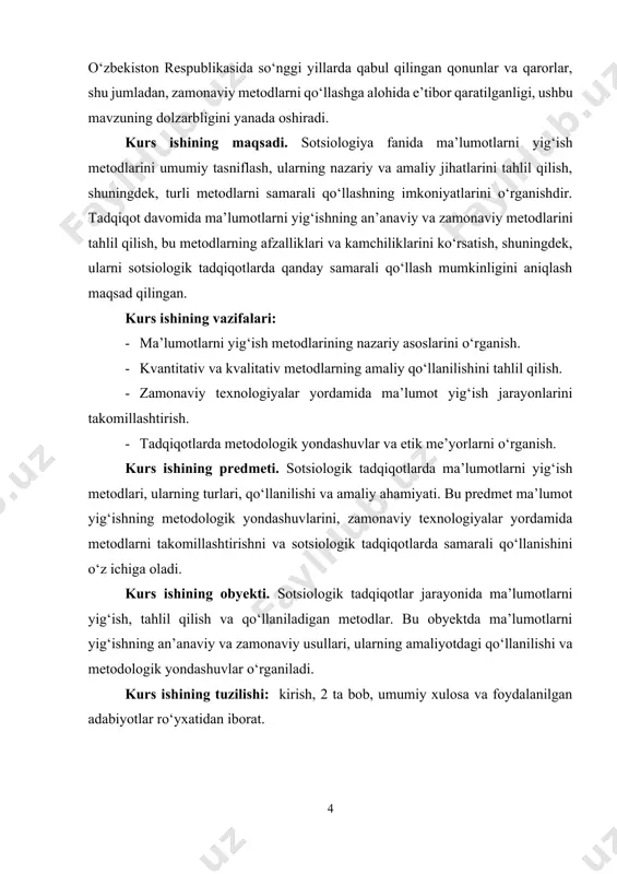tahlil qilish imkonini beradi. ma’lumot yig‘ishning ahamiyati shundaki, u jamiyatdagi ijtimoiy jarayonlarni, xulq-atvorlarni, munosabatlarni va tizimlarni real va empirik (tajribaviy) faktlarga asoslanib o‘rganishga yordam beradi. bunda yig‘ilgan ma’lumotlar nazariy tushunchalarni tekshirish va yangilash uchun zarur bo‘lib, ilmiy tadqiqotlarda muhim rol o‘ynaydi. ma’lumotlar orqali tadqiqotchilar jamiyatdagi turli ijtimoiy muammolarni, xulq-atvordagi o‘zgarishlarni va ijtimoiy tuzilmalarni aniqlashadi. sotsiologik tadqiqotlarda ma’lumot yig‘ish uchun qo‘llaniladigan metodlar anketalar, so‘rovlar, kuzatuvlar va intervyu kabi turli xil vositalarni o‘z ichiga oladi. bu metodlar yordamida to‘plangan ma’lumotlar sotsiologik ilmning ijtimoiy haqiqatni aniqlashdagi ishonchli asosi bo‘ladi. tadqiqotchilar bu metodlar yordamida nafaqat ijtimoiy tizimlar haqida umumiy tasavvur hosil qilishadi, balki ularni sifatli va miqdoriy jihatdan tahlil qilish orqali jamiyatning turli ijtimoiy qatlamlaridagi o‘zgarishlarni ko‘rish imkoniga ega bo‘ladilar. masalan, anketalar orqali odamlarning fikr va nuqtai nazarlarini o‘rganish, so‘rovlar yordamida ijtimoiy xulq-atvorni tahlil qilish yoki intervyu yordamida guruhlarning ijtimoiy muammolarga bo‘lgan munosabatlarini aniqlash mumkin. shu bilan birga, kuzatuv metodlari orqali jamiyatdagi ijtimoiy xatti-harakatlarni …