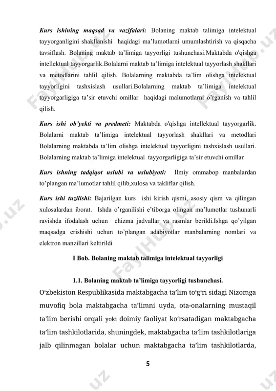 iz mustaqil fikrlashi, til malakasining rivojlanganligi, hikoya qilish, mulohaza yuritish, o‘z tasavvurini izohlay olish, tushunarli qilib bayon etish kabi omillar asosiga quriladi. shuningdek, bolaning maktabda ta’lim olishi uchun amaliy intellekt rivoji, ya’ni uning namunani chizish, aytib turiladigan bayoniy topshiriqni bajarishi ham muhim sanaladi. va nihoyat, maxsus tayyorgarlik bolani savodxonlikka o‘rgatish va uning maktabning 1-sinf o‘quv dasturi materialini yetarli darajada egallash haqidagi tushunchasini shakllantirishni nazarda tutadi. bolalarni maktabda o‘qitishning samaradorligi ko‘p jihatdan ularning tayyorgarlik darajalariga bog‘liq bo‘ladi. maktabda o‘qishga tayyorgarlik – maktabgacha ta’lim tashkiloti va oilada maktabgacha ta`lim yoshidagi bolaga qo‘yiladigan talablar orqali aniqlanadi. bu talablarning o‘ziga xos tomoni o‘quvchining yangi ijtimoiypsixologik o‘rni bilan bog‘liq. bola o‘z oldiga qo‘yiladigan vazifalarni bajarishga tayyorlangan bo‘lishi lozim. maktabga kirish bola hayotidagi odatiy turmush tarzi, atrofdagilar bilan munosabat tizimining o‘zgarishiga aloqador muhim davrdir. bola hayotida birinchi bor markaziy o‘rinni ijtimoiy ahamiyatga ega bo‘lgan o‘quv faoliyati egallaydi. unga odatiy bo‘lgan erkin o‘yin faoliyatidan farqli ularok, endi …