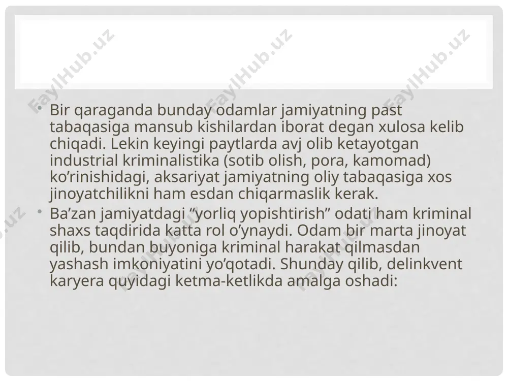 o’rinishda) aslidagidan ko’ra yomonroq ko’rina boshlaydi (“mentlar”, “buldoglar” darajasiga tushirsa bo’ladigan milisionerlar, voqyeani jiddiy surishtirishiga va haqiqatni yuzaga chiqarishga hech kim ishonmaydigan yuristlar). nihoyat, jinsiy jihatdan o’ziga xos delinkvent xulq haqida ikki og’iz so’z. karol smart ma’lumotlariga ko’ra, bolalarni o’ldirish, fohishalik, do’konlarda o’g’rilik qilish kabi jinoyatlarni erkaklarga nisbatan ko’proq ayollar sodir qilishadi. erkaklar ko’proq mashina olib qochish, talonchilik, tan jarohati yetkazish, qotillik va zo’rlash bilan shug’ullanishadi. sudda ko’p hollarda ayollarni aqli noraso deb tan olishadi va ruhiy kasalliklar shifoxonasiga jo’natishadi. lekin shunga qaramay, so’nggi yillarda erkaklar va ayollar kriminal xulqi o’rtasidagi farq kamayib bormoqda. bu sohada ham o’ziga xos raqobat jarayoni boshlandi. yana bir kichik fakt shuki, qotillik sodir qilganlarning 90 foizini birinchi marta jinoyat qilganlar tashkil qilar ekan. bu hodisa psixikada uyatchanlik, tortinchoqlik xislari bilan bog’liq. aqshda o’tkazilgan tadqiqotlarda aniqlanishicha, qamoqxonalarda saqlanayotgan residivist jinoyatchilarning 90 foizi o’zini uyatchan, tortinchoq deb hisoblashgan. alkogol tobelik psixoanalizda alkogol tobelik oral – so’rish …