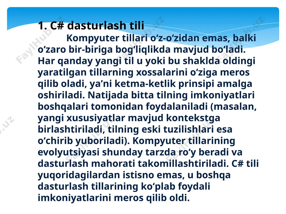 masiga yuklaydigan prinsiplar bilan inobatga olgan holda sintaksisdan foydalanishdagi qisqalik va osonlik kabi xususiyatlari tezda koʻplab tarafdorlarini topdi. c# dasturlash tilining alfaviti quyidagilardan iborat. alfavit (yoki lite-rallar yig’indisi) c# tilida ascii kodlar jadvali bilan birgalikda quyidagi belgilarni o’z ichiga oladi: - lotin harflari; - 0 dan 9 gacha raqamlar; - “_” belgisi (harf sifatida ham ishlatiladi); - maxsus belgilar to’plami : {}, 1 [] + - % / \ ; : ^ ? <> = ! & # ~ *; - boshqa belgilar. 2. c# dasturlash tilida metodlar metod haqida tushuncha: metod – operatorlar ketma-ketligi ko’rinishidagi biror-bir amallarni bajaruvchi dastur qismidir. metodlar ikki xil toifada bo’ladi: qiymat qaytaruvchi metod va qiymat qaytarmaydigan. metod. qiymat qaytaruvchi metodning umumiy ko’rinishi quyidagicha: modifikator qatuvchi_tip nom(parametrlar) { operatorlar ketma-ketligi; } bu metodda kiruvchi va qaytuvchi qiymatlar beriladi. kiruvchi va qaytuvchi qiymatlar tipi turli tiplardan iborat bo’lishi mumkin. qiymat qaytarmaydigan metodning umumiy ko’rinishi quyidagicha: modifikator …