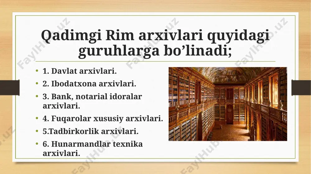 rining o'z o'rni boʻlgan. ushbu ar-xivlarda davlat boshqaruvi, sud-huquq ishlari, ma'muriy-xoʻja-lik ishlari, ilmiy va diniy sohalarga oid hujjatlar to'plangan. ibodatxonalar mulkini tasarruf etish bilan bog'liq manbalar moliyaviy hisobotlar, oldi-sotti shartnomalari, vasiyatnoma, tilxat va h.k. hujjatlar kohinlar arxivlarida saqlangan; shu-ningdek, bu yerda alohida shaxslarga tegishli muhim hujjatlar ham bo'lgan va bu bilan ushbu arxivlarning ijtimoiy ahamiya-ti yanada ortgan. masalan, yuliy sezar va avgustlarning vasi-yatnomalari vesta ibodatxonasida saqlangan. yuqori lavozimdagi kohinlar pontifiklar asosiy davlat hujjatlari sanalgan solnomalarni yozib borganlar va ularni kapitoliydagi yunona ibodatxonasida saqlaganlar. bank, notarial idoralar arxivlari qadimgi rimda banklar va xususiy ayirboshlash shohob-chalari (kontoralari) taraqqiyoti bilan ularning arxivlari ham rivojlanib borgan. bank arxivlari "argentariy"lar ham davlatga tegishli, ham xususiy turda bo'lgan. bank ishlari bilan mil. avv. ii asrda erkin kishilar - "ingenus"lar shug'ullanishgani ma'lum davlat banklari bilan bir qatorda xususiy ayirboshlash sho-hobchalari (kontoralar) rimda keng faoliyat olib borgan. ular "numus" ("tanga" so'zidan) va "mensariy" ("stol" soʻzidan) deb atalgan. rimning …