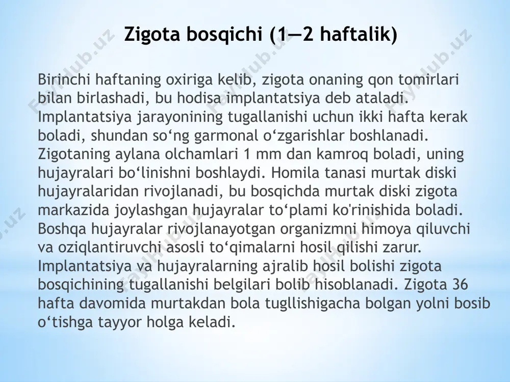 tiv buriladi. 0‘tkazilgan tadqiqotlardan aniqlandiki, tugllganiga bir yarim sutka bolgan bola miyasida ko‘ruv organiga rangli qo‘zg‘atuvchilar ta’siriga javob potensiallarini ko‘rish mumkin. bu vaqtga kelib miyada shartli reflekslar shakllanishi yuzaga keladi. bola tanasining og‘irligi hayotining birinchi yilida uch barobar ko‘payadi, bo‘yga nisbatan yetti oylik bola juda tez o‘sadi va sakkiz oylik bolganda, bo‘yi ikki barobar ortadi, o‘ttiz oyga yetganda to‘rt marta ortadi. bolalar har oyda 2 santimetr o‘sadi. uning miya oglrligi har kuni 1,5 grammdan ko‘payadi. miyaning rivojlanishi sur’ati haqida gapirganda shuni e’tiborga olish kerakki, yetti oylik bolaning miyasi 2 marta ko‘paysa, 2—3 yoshga kelib, uning og‘irligi uch marta ortadi. miyaning kattaligi deyarli 20 yil mobaynida ortib boradi, katta yarim sharlarning ustki «izlari» murakkablashib boradi. bolalarning o‘sishidagi bu qadar ulkan jadallik vegetativ nerv tizimiga, bir qator ichki sekretsiya bezlari (bo‘qoq bezi va boshqalar)ga bogliq. ichki sekretsiya bezlari ishlab chiqaradigan maxsus garmonlar qonga olib, organizmning o‘sishi va rivojlanishiga katta ta’sir ko‘rsatadi. go‘daklarning …