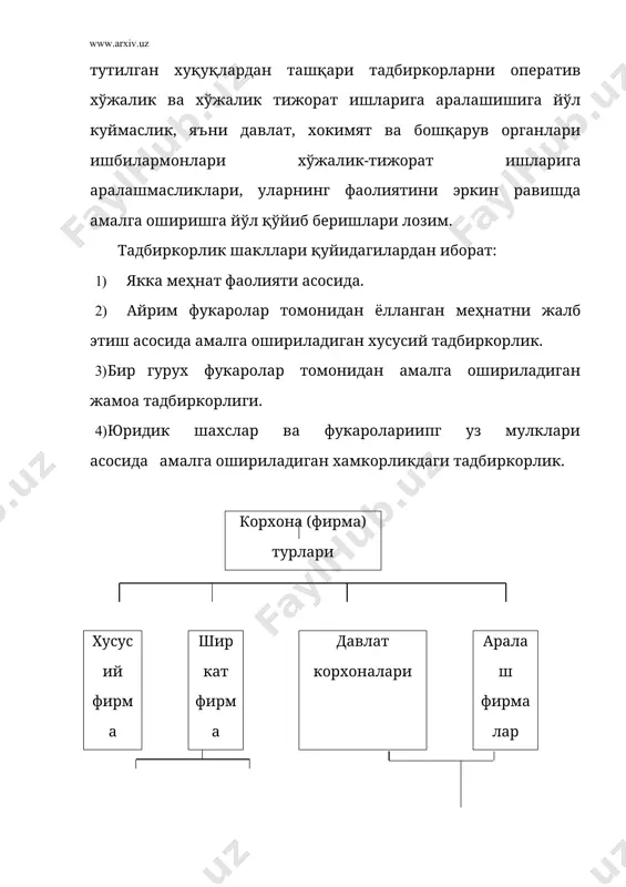атиб бажарганганлар. афсуски хозирги тадбиркорларнинг хаммасини хам шундай деб бўлмайди. ўша даврдаги тадбиркорликнинг яна бир хусусияти шунда эдики, бу турдаги фаолият билан шуғулланган кишилар ўз бойлиги, мол - дунёсини ортириш, сармоясини кўпайтиришга интилиш билан бирга дунёни, ўзга ўлкаларни кўриб – билишга, у ердаги тадбиркорлар билан савдо алоқаларини ўрнатишга харакат қилганлар. шунинг учун ўз мол - дунёсини икки - уч маротаба оширибгина қолмасдан, иқтисодиётга, маданиятга ва атрофдаги дунёга қизиқиб қарайдиган ташаббускор тадбиркорлар орасидан буюк кишилар етишиб чиқиб, кўпинча хокимларнинг маслахатчилари бўлиб колганлари хам тасодифий эмас. бироқ замон ўзгарди, замон билан бирга жамият хам ўзгарди. ўзбекистон республикаси президенти и. а. каримовнинг «иқтисодий ислоҳотларни янада чуқурлаштириш, хусусий мулкчиликни химоя қилишни таъминлаш ва тадбиркорликни ривожлантириш чоралари тўғрисида»ги 1994 йил 21 январда қабул қилган фармони тадбиркорлик ва бизнес фаолиятини кенгайтириш учун имкон очиш билангина чегараланиб қолмай, балки республика халқ хўжалиги мажмуасининг жаҳон бозорига мос равишда кириб бориши учун хам кенг йўл очди. давлат бозор муносабатларини …