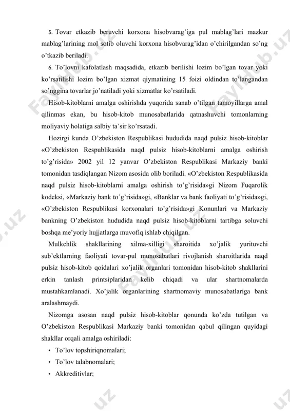 ida naqd pulsiz hisob-kitob qoidalari xo’jalik organlari tomonidan hisob-kitob shakllarini erkin tanlash printsiplaridan kelib chiqadi va ular shartnomalarda mustahkamlanadi. xo’jalik organlarining shartnomaviy munosabatlariga bank aralashmaydi. nizomga asosan naqd pulsiz hisob-kitoblar qonunda ko’zda tutilgan va o’zbekiston respublikasi markaziy banki tomonidan qabul qilingan quyidagi shakllar orqali amalga oshiriladi: · to’lov topshiriqnomalari; · to’lov talabnomalari; · akkreditivlar; · inkasso topshiriqnomalari; · tijorat banklarining hisob-kitob cheklari; · plastik kartochkalar bo’yicha hisob-kitoblar. to’lovchi va mablag’ oluvchi orasidagi hisob-kitoblar shakli shartnoma asosida belgilanadi. hisob-kitob shakllari deyilganda, xuquqiy me’yorlarda ko’zda tutilgan, hisob-kitob hujjatining turi, hujjatlar aylanish tartibi, mablag’larni mol sotuvchi korxona hisobvarag’iga o’tkazish va yozish usuli bilan bir-biridan farq qiluvchi hisob-kitob turlari tushuniladi. hisob-kitoblarning alohida shakllarining mazmuni, ular bo’yicha hujjatlar aylanishini va operatsiyalar hisobi hamda rasmiylashtirilishini alohida paragraflarda ko’rib chiqamiz. 2-§. to’lov topshiriqnomalari bo’yicha hisob-kitoblar, ularning hisobi va rasmiylashtirilishi to’lov topshiriqnomasi bu to’lovchi korxonaning uning bankdagi depozit hisobvarag’idan pul mablag’larining ma’lum bir summasini boshqa mijozning hisobvarag’iga o’tkazish …