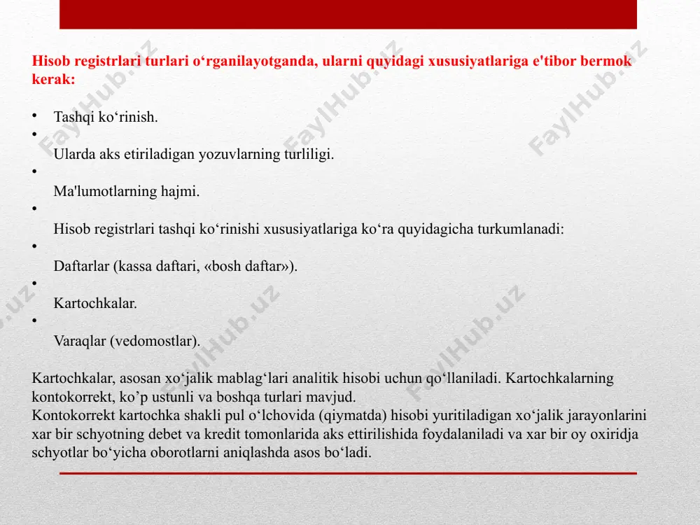 buxgalteriya registrlari ijroiya varaqlari asosida ham rasmiylashtiriladi. bunday holatlarga da'vogar yuzasidan hisoblashish, xodimdan aliment summasini ushlab qolishlar, xodimni bankdan olgan kreditlari yuzasidan ushlovlar uchun asos bo‘ladigan qonuniy kuchga ega bo‘lgan sud qarorlari, bank bilan xodim o‘rtasida tuzilgan shartnomlar misol bo‘ladi. buxgalteriya registrlari qanday dastlabki hujjatlar asosida rasmiylashtirilmasin quyidagi talablarga rioya etish zarurdir: dastlabki hujjatlarni tegishli blankaga rasmiylashtirilganligi: dastlabki hujjat hamma rekvizitlari andozaga javob berishi: ko‘rsatkichlar arifmetik to‘g‘ri hisoblangani: dastlabki hujjatlarda rasmiylashtirilgan xo‘jalik jarayonlari iqtisodiy mazmunligi va qonuniyligi: tekshirib, qayta ishlangan dastlabki hujjatlar asosida buxgalteriya registrlarini o‘z vaqidada va to‘g‘ri rasmiylashtirish: buxgalteriya registrlari ma'lumotlari asosida buxgalteriya balansi va hisobotni tegishli ko‘rsatmalarga asosan to‘g‘ri va o‘z vaqidada tuzish: hamma talabga javob beradigan balans va hisobot boshqa shakllarini o‘rnatilgan muddatda tegishli joylarga topshirish. yuqorida keltirilgan talablardan ko‘rinib turibdiki, buxgalteriya hisobi hisob ishlarini hamma bosqichlari bir-biriga uzviy bog‘liqdir. dastlabki hujjatlarni naqadar to‘g‘ri rasmiylashtirilishi, buxgalteriya registrlari ma'lumotlarini ham to‘g‘ri rasmiylashtirilishiga asos bo‘ladi. o‘z navbatida buxgalteriya …