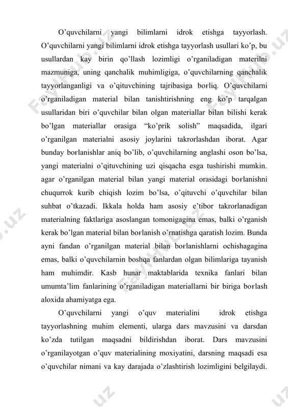 ғrisidagi gazetada bosilgan materiallardan misol keltirish mumkin va xokazo. bo’larning hammasi o’quvchilarni muayyan tarzda tayyorlaydi, ularning yangi materialga qiziqishini oshiradi. agar o’quvchilarni yangi bilimlarni idrok etishga tayyorlashni ichki tomondan emas, balki tashki tomonidan ham qarash zarur. o’quvchilar bilimlarni optimal idrok etish uchun o’quv jarayoni o’tkaziladigan joydagi sanitariya gigiena sharoitlari kabi faktorlari ham (dars boshlanishidan oldin xonalarni shamollatish, optimal darajani saqlab turish, tanaffus vaqtida o’quvchilarni normal dam olishini ta’minlash) hisobga olinishi kerak. o’quvchilarning “start” holatini ta’minlash uchun darsning boshlanishini aniq tashkil etish: o’quvchilarni joy-joyiga o’tkazish, daftar, kitob va boshqa kerak yaroklarini taxt qilib kuyish katta ahamiyatga ega. o’quvchilarni o’quv materialini idrok etishga tayyorlash to’ғrisida gapirilar ekan, birini darsning roli va ukiutvchining o’quvchilar bilan dastlabki aloqasining roli xakida ham aytishi kerak, chunki bo’lar o’qituvchi bilan o’quvchilar orasidagi bundan keyingi munosabatlarni ma’lum darajada belgilab beradi. birinchi dars ijobiy emosiyalar va fanga qiziqish hosil qilishi kerak. shu sababdan eng qiziqarli faktlar tanlash va eng …