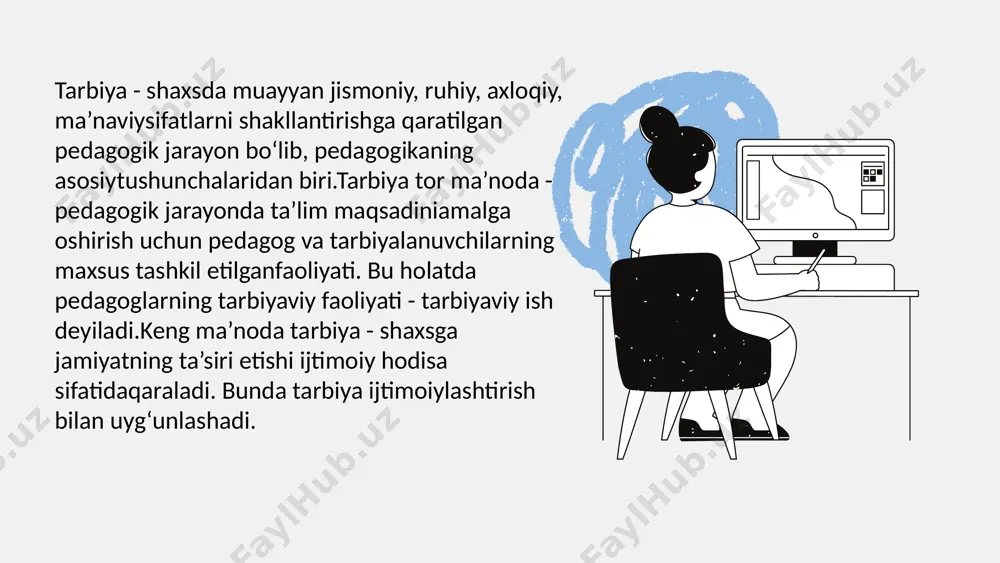 . bu tamoyil insonparvarlik munosabatidan kelib chiqadi. oʻquvchi shaxsini hurmat qilish, ularga mehr-muhabbat koʻrsatish va ularga ishonish shart. tajribalarning koʻrsatishicha, qayerdaki oʻquvchilarga hurmat, muhabbat, ishonch boʻlsa, shu yerda tarbiyaning ta’siri samarali boʻladi. bolalarga hurmat va muhabbat ular kuchiga kuch qoʻshadi, oʻqituvchiga nisbatan hurmatni uygʻotadi. tarbiyada oʻquvchining yosh va alohida xususiyatlarini hisobga olish – tarbiyaning mazmuni, shakl va metodlari bolalarning yosh va saviyasiga qarab turli sinflarda turlicha boʻladi. bolalar maktabda holda oʻqituvchining oʻquvchi bilan aniq bir maqsadga qaratilgan tarbiyaning samaradorligini qanday metodlardan foydalanishga bogʻliqligi. tarbiyalanganlik – milliy urf-odatlarga, qadriyatlarga e’tiqod bilan rioya qiladigan, noqonuniy ishlardan oʻzini tiya oladigan, oʻz xatti-harakatlari bilan oʻzgalar nafratini qoʻzgʻamaydigan xulq-atvordir. komil inson – yetuk, toʻliq, mukammal, barkamol, olimu dono, aqli teran, yaxshi tarbiya koʻrgan, odobaxloqli, ma’naviy jihatdan toʻliq shakllangan inson. thank you very much! image9.png image10.svg image11.png image12.svg image13.png image14.svg image15.png image16.svg image17.png image18.svg image1.png image19.png image20.svg image21.png image22.svg image23.png image24.svg image25.png image26.svg image27.png image28.svg image2.svg …