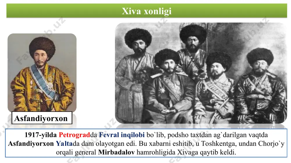 oro amirligi 1917-yil 7 aprelda yosh buxoroliklar tayyorlagan manifestni amir said olimxon tasdiqlashga majbur bo`ldi amir said olimxon amir olimxon 1917- yil 14 aprelda o`z farmonini bekor qilib, yosh buxoroliklarni yoppasiga ta‘qib eta boshladi. ular amirning zulmidan qochib xorijga ketishga majbur bo`ldilar. fayzulla xo`jayev yosh buxoroliklarning ikkinchi guruhi fayzulla xojayev boshchiligida xonga qarshi ruslar bilan til biriktirib pinhona ish yuritdilar. amir eng muhim pallada 3 000 kishini jadidchilikda ayblab nohaq qatl ettirdi. natijada xalqni amirdan ko`ngli qoldi va fitrat hamda fayzulla xojayevlar xorijga qochib ketishdi. ular germaniyada o`qigan edilar… amir siyosatidan qochgan bir guruh yoshlar turkiya va germaniyada ta’lim olishdi va davlatda demokratik islohatlar o`tkazish maqsadida vatanga qaytishid. afsuski ular chet el josuslari aybi bilan qatag`on qilingan. 1920-yil 1 sentyabr, dushanba kuni leninchi bolsheviklarning mixail frunze qo`mondonligidagi qo`shini buxoroga bostirib kirib, muhammad ali bojuvoniyning ta'riflashicha, "qiyomati asg`ar"ni (kichik qiyomat) yuzaga keltirdi. 11 ta samalyot shaharni osmondan bombardimon qilishi, piyoda bosqinchi …