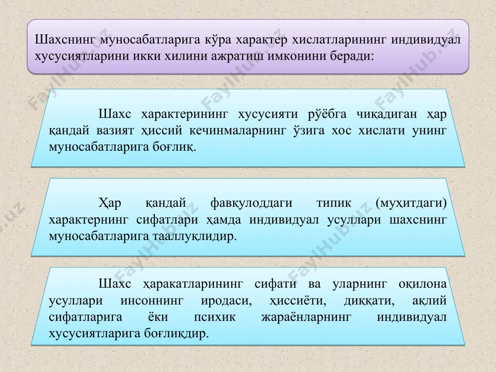 ади, қатъиятли, эътиқоди мустаҳкам, қайсар, тафаккури қотиб қолган. инсон характерининг барча типологиялари қуйидаги асосий ғояларга мувофиқ тарзда ташкил этилган. 1. инсон характери унинг онтогенетик тараққиёти мобайнида намоён бўла бошлайди ва бутун ҳаёт давомида барқарор бўлиб боради. 2. характер таркибига кирган хусусиятлар тасодифий уюшган эмас. улар характер типологиясини тузиш имконини берувчи бир-биридан фарқ қилувчи типлардан иборат. 3. мазкур типологияга кўра кўпчилик кишиларни маълум гуруҳларга бирлаштириш мумкин. э.кречмер одам танасининг тузилиши ва конституциясига кўра, энг кўп учрайдиган учта типни ажратиб кўрсатган: