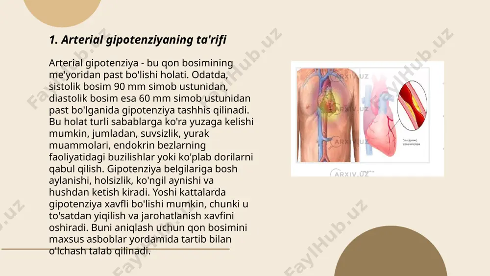 i_bot surunkali arterial gipotenziya (sag) — bu qon bosimining uzluksiz ravishda normal me'yorlardan past bo'lishi holati. sag ko'pincha 90/60 mm hg va undan past darajada aniqlanadi. ushbu holat bosh aylanishi, charchoq, konsentratsiya qiyinchiliklari va yo'talaganda ko'rish qiyinlashishi kabi belgilarni o'z ichiga olishi mumkin. sagning eng ko'p uchraydigan sabablari orasida dehidratatsiya, yurak kasalliklari, endokrin tizim muammolari va ba'zi dori-darmonlar ta'siri kiradi. o'zbekiston aholisining taxminan 3-4%ida sag kuzatiladi. davolash sagning sabablariga qaratilgan: dieta o'zgarishi, suyuqlik iste'molini ko'paytirish va shifokor tavsiyalariga asoslangan dorilarni qabul qilish. ... t.me/slaydai_bot 7. gipotenziyaning fiziologik shakllari gipotoniya, ya'ni past qon bosimi, fiziologik shakllari turli holatlar bilan bog'liq bo'lishi mumkin. sportchilar, muntazam jismoniy faoliyat bilan shug'ullanuvchi shaxslar uchun qon bosimi normadan past bo‘lishi tabiiydir. bunda sistolik bosim 90-100 mmhg va diastolik bosim 60-70 mmhg atrofida bo‘lishi mumkin. fiziologik gipotoniya ko‘pincha sog‘lom va aktiv hayot tarzini olib boruvchi yoshlarda uchraydi. shuningdek, bu holat irsiy omillar ta'sirida ham paydo bo'lishi mumkin. …