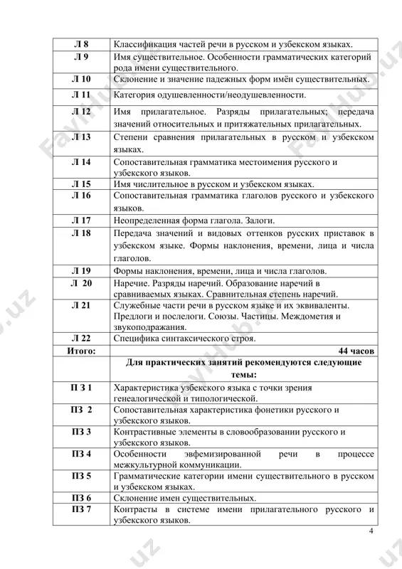 сообщения). 16 2 зарождение научной тюркологии в россии (подготовка реферата). 16 3 тюркология в россии xix-нач. xx в. (выступление на практическом занятии). 16 4 из истории тюркского языкознания в россии (выступление на практическом занятии). 14 5 основные направления тюркологии в узбекистане (подготовка реферата). 14 6 школы переводоведения в узбекистане (коллоквиум). 14 итого: 90 список рекомендуемой литературы основная литература 1. абдуразаков м.а. очерки по сопоставительному изучению разносистемных языков. – м., 1973 2. ахунзянов э.м. контрастивная типология тюркских и славянских языков. – казань, 1987. 3. кулмаматов д.с., панжиев н.п. учебное пособие по сравнительной грамматике русского и узбекского языков. – термез, 2001. с.110 дополнительная литература 4. указ президента республики узбекистан «о стратегии действий по дальнейшему развитию республики узбекистан». – ташкент, 7 февраля 2017 г., № уп-4947. 5. абдуазизов а.а. ўзбек тили фонологияси ва морфонологияси. – тошкент, университет, 2010. – 170 б. 6. абражеев а.и. сравнительный анализ грамматического строя русского и узбекского языков (фонетика, …