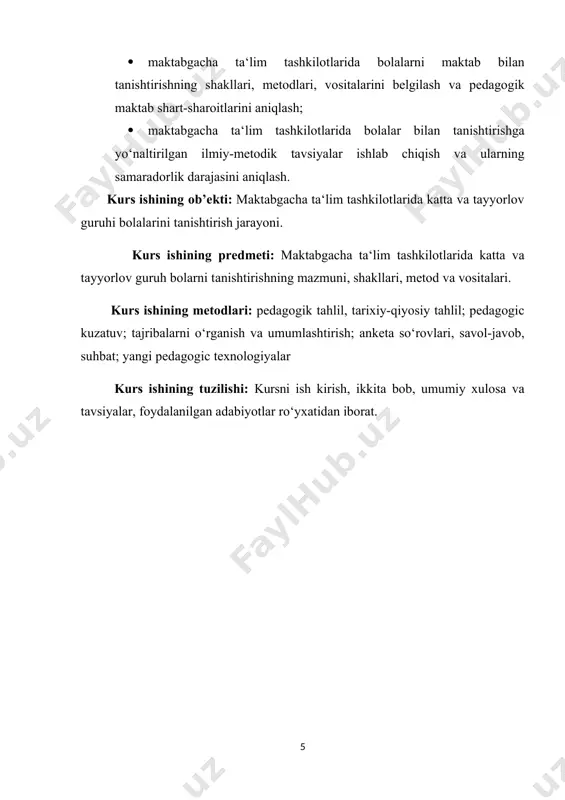 rbiyaviy jarayonda samarali foydalanishni taqozo etadi. bolalar bogchasi bilan maktab o‘rtasidagi uzviy bogliqlik katta bog‘cha yoshidagi bolalar va maktabning boshlang’ich sinf o‘quvchilariga ta’lim-tarbiya berish sharoitini yaqinlashtirishga yordam beradi. shunday ish tutilganda bolalarning maktab sharoitiga moslashishi ancha engillik bilan ko‘chadi. bolalar maktab sharoitiga tabiiy moslashib ketadilar, bu esa o‘z navbatida maktabda o‘qishning birinchi kunidan boshlab ta’lim tarbiya ishining samarasini oshiradi. zero, maktabgacha tarbiya muassasasi xodimlari birinchi sinfda bolalar oldiga qo‘yiladigan talablarni yaxshi bilishlari, maktabga tayyorlash guruhidagi bolalarni shunga muvofiq ravishda ta’lim olishga tayyorlashlari kerak. maktab bilan bog‘cha o‘rtasidagi uzviy aloqa murakkab va ko‘p tomonlama tuzilishga ega. unda ta’lim-tarbiyaviy ishlarning mazmuni, metod va usullari, tashkiliy shakllari, shuningdek bolalarni tarbiyalash shart-sharoitlari va pedagogik talab kabi etakchi tomonlarini ajratib ko‘rsatish mumkin. bunda quyidagilarga alohida e’tibor berish kerak: 1. maktab talabi nuqta inazaridan bolalar bilimlarni chuqurroq egallab olishlari lozim. 2. bog‘cha nuqtai nazaridan bolalarni maktab talabi darajasidagi bilim, malaka, ko‘nikmalar bilan qurollantirish zarur. 3. bolalarning …