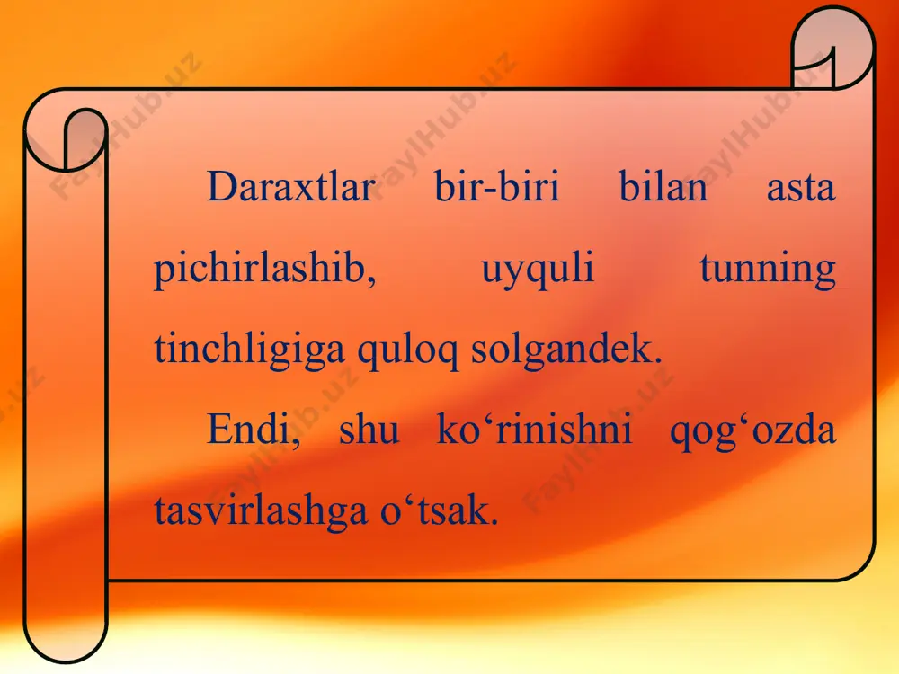 oydin tundagi yoki quyoshning botish chog‘idagi daraxtni tasvirlash 5 - sinf - Page 3