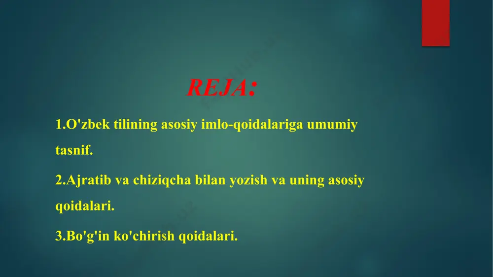 irliklari, idoralari, mahalliy hokimiyat va boshqaruv idoralari, ommaviy axborot vositalari lotin yozuviga asoslangan o‘zbek alifbosidagi barcha turdagi yozishmalarda, matbuotda, ish yuritishda ushbu qoidalarni joriy qilish yuzasidan tegishli tadbirlarni ishlab chiqsinlar va amalga oshirsinlar. o‘zbekiston respublikasi fanlar akademiyasi, oliy va o‘rta maxsus ta’lim vazirligi, xalq ta’limi vazirligi, davlat matbuot qo‘mitasi uch oy muddat ichida maktablar uchun qo‘llanma sifatida o‘zbek tilining imlo lug‘atini, kishi ismlari va joy nomlari lug‘atlarini tayyorlasinlar va nashr etish choralarini ko‘rsinlar. mazkur qarorning bajarilishini nazorat qilish vazirlar mahkamasining ta’lim va fan hamda ijtimoiy masalalar va madaniyat bo‘limlariga yuklansin. vazirlar mahkamasining raisi i. karimov bu qonunda o'zbek tilining asosiy imlo qoidalari haqida batafsil ma'lumotlar kiritildi. masalan, bu qonunda qo'shib yozish, ajaratib yozish, bosh harf bilan yozish, bo'g'in ko'chirish qoidalari,unli va undosh tovushlarning imlosi, asos va qo'shimchalarning ishlatilishi va hokazolar haqida yoritilgan. ajratib yozish va uning qoidalari quyida ko'rsatilgan : qo‘shma fe’lning qismlari ajratib yoziladi: sarf qil, ta’sir et, tamom …