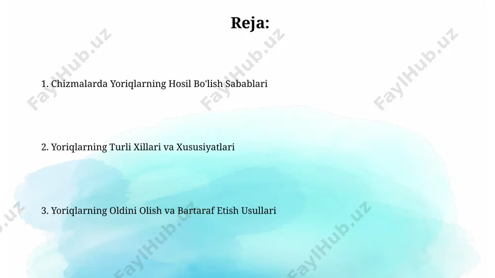 bu esa materialning yorilishga chidamliligi bilan bog'liq. chizma sirtining notekisligi, masalan, 10 mikrondan ortiq qo'pollik, stress konsentratsiyasini keltirib chiqaradi va bu 5-10% gacha bo'lgan kuchlanish ostida ham yoriqlar hosil bo'lishiga olib keladi. material xususiyatlari va yoriqlar materialning kristall tuzilishi va dona chegaralarining nomuntazamligi 10-20% gacha charchoq quvvatini pasaytirib, yoriqlarning tarqalish tezligini oshiradi. materialdagi ichki shikastlanish, mikro bo'shliqlar va kichik nuqsonlar (diametri 0,1-0,5 mm) ta'siri ostida 5-10 mpa gacha bo'lgan stresslarda ham yoriqlarning paydo bo'lishi mumkin. yoriqlarni aniqlash usullari yoriklarni aniqlashda 3-5 mm dan katta yoriqlarni vizual tekshiruv orqali aniqlash mumkin, bu usul oddiy va arzon, ammo aniqligi past. yoriklarni aniqlashning ultratovush usuli, 10-20 mhz chastotali to'lqinlar yordamida, yoriqlarning chuqurligi va uzunligini aniq o'lchash imkonini beradi. mexanik stress va yoriqlar mexanik stresslarning 10 mpa dan oshishi, materialning chidamlilik chegarasidan o'tishiga va natijada 0,5 mm dan katta yoriqlar hosil bo'lishiga olib kelishi mumkin. brittl sinish mexanizmi bilan ajralib turadigan materiallarda, masalan, shishada, …