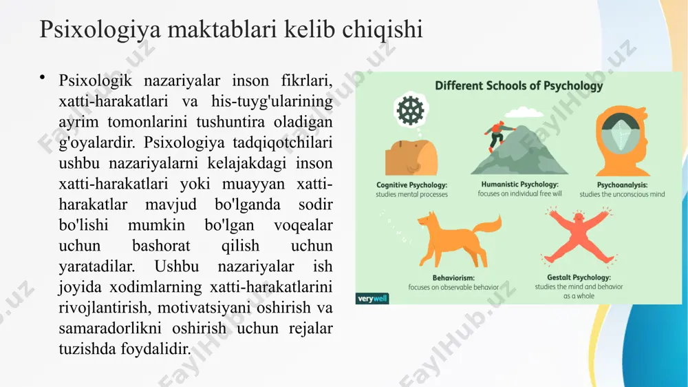 r (unutish, yanglish harakatlar va hokazolar)ning asosiy manbai sifatida qaraladi. psixoanaliz nazariyasiga koʻra, 3 xil psixik instansiyalar hukm surishi mumkin: gʻayrishuuriy "u" (id) — mayl, nafs doirasi; turli himoya vositalari bilan "u"ning impulyelarini cheklovchi shuuriy "men" (ego); "yuqori-men" (super-ego) — ijtimoiy taqiqlar, qonun tusiga kirgan majburiy tartib-qoidalar. psixoanaliz taʼlimotining vazifalaridan biri — ongsizlik sohasidagi "kompleks"larni aniklash va ularni anglashga yordamlashishdan iborat. ushbu taʼlimot namoyandalari shaxsning ichki ixtiloflarini ochib berish uchun "edip kompleksi"ni yaratdilar. ularning mulohazasicha, instinktiv mayllar oʻz quvvati va faolligini saqlagan holda insoniyat madaniyati va shaxs faoliyati mahsulining har xil shakllariga kirib ("sublimatsiyalashib"), ongsizlik holatidan turib inson xulq-atvorini boshqarishda ishtirok qilaveradi. psixoanalizda ongsizlik bilan onglilik oʻrtasidagi qaramaqarshi munosabatni mutlaqlashtirish uchraydi, buning natijasida ularning oʻzaro bir-birini toʻldirish imkoniyati rad qilinadi. 10 psixoanaliz davolash psixoanalizning asosiy g'oyasi, odam o'z xatti – harakatlarining sabablarini tushunmaydi-ular talqin qilishlari kerak, degan fikrga asoslanadi. freydning klassik psixoanaliziga ko'ra, bemor barcha fikrlarini, uyushmalarini, orzularini aytishi kerak. …