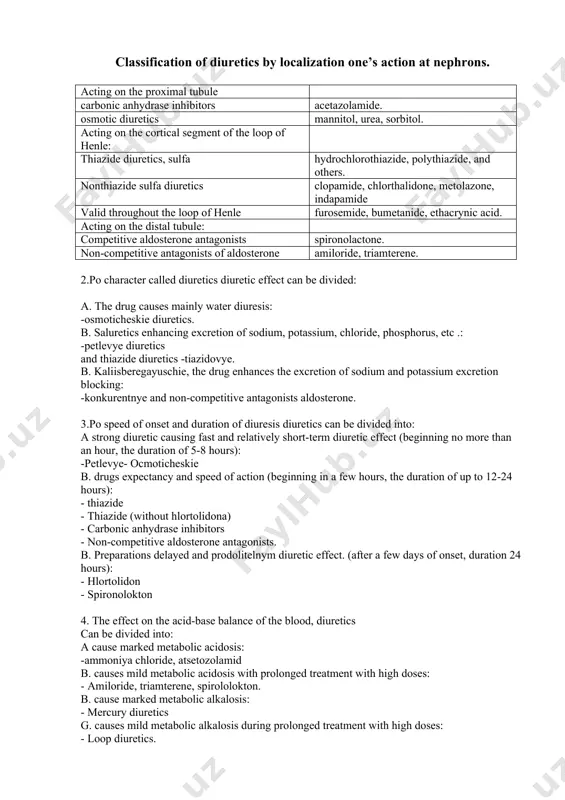 ntial reduction in the effect of treatment for a few days: - ammonium chloride, atsetozolamid 7. the effect on the level of uric acid can be separated diuretics: a. increases the level of uric acid in the blood: - thiazide and thiazide. - loop b. does not significantly affect: - other. 9. posilen clinical effect of diuretics are divided into: a. strong (the rate of urine over 3 ml \ min): - causes 15-25% excretion of sodium profiltrogonnogo - loop 2. callers mostly water diuresis: - osmotic b. central forces that cause urinary 5-10% of the filtered sodium: - thiazide and thiazide. b. weaknesses: cause the excretion of less than 5% sodium profiltrogonnogo: - atsetozolamid - potassium-sparing. osmotic diuretics: mannitol, sorbitol, carbamide (urea) pharmacodynamics: - increases the osmotic pressure of the plasma - increases renal blood flow and glomerular filtration - 30% sodium excretion, excretion of water 15% - virtually …