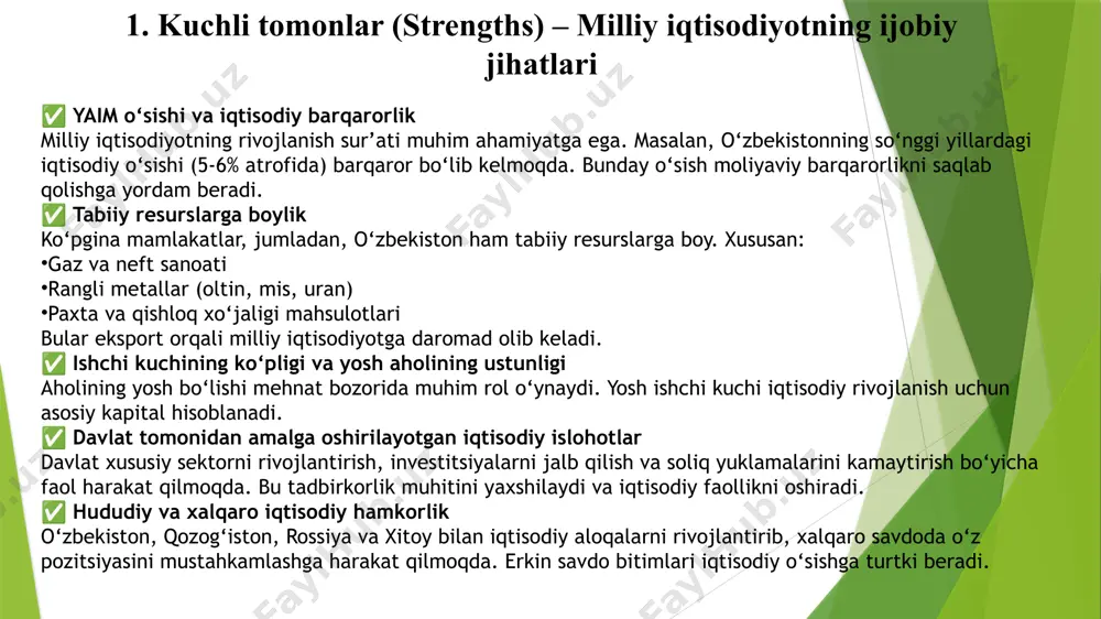 ar va infratuzilma transport va logistika tizimini rivojlantirish. xorijiy investitsiyalar uchun qulay muhit yaratish, yuridik barqarorlikni ta’minlash. 3️⃣ moliyaviy barqarorlik va soliq islohoti inflyatsiyani nazorat qilish, markaziy bank mustaqilligini oshirish. soliq tizimini soddalashtirish va yashirin iqtisodiyotni kamaytirish. 4️⃣ mehnat bozori va ta’lim kadrlar tayyorlashni iqtisodiyot ehtiyojlariga moslashtirish. yangi ish o‘rinlarini yaratish va tadbirkorlikni qo‘llab-quvvatlash. 5️⃣ innovatsiya va raqamli iqtisodiyot it-sektor va raqamli xizmatlarni rivojlantirish. elektron tijorat va fintech tizimlarini qo‘llab-quvvatlash. 6️⃣ ekologik barqarorlik alternativ energiya manbalariga o‘tish. ekologik muammolarni kamaytirish va sanoat chiqindilarini qayta ishlash. xulosa milliy iqtisodiyotning barqaror rivojlanishi va makroiqtisodiy barqarorlikni ta’minlash uchun diversifikatsiya, investitsiyalar, moliyaviy intizom, mehnat bozori islohoti, innovatsiyalar va ekologik barqarorlik asosiy ustuvor yo‘nalishlar hisoblanadi. xomashyo eksportiga qaramlikni kamaytirish, yuqori qo‘shilgan qiymatli mahsulotlar ishlab chiqarish va zamonaviy texnologiyalarni joriy etish iqtisodiy o‘sishga xizmat qiladi. xorijiy investitsiyalarni jalb qilish, infratuzilmani rivojlantirish va raqamli iqtisodiyotga o‘tish orqali mamlakatning global raqobatbardoshligini oshirish mumkin. shuningdek, moliyaviy barqarorlikni saqlash, soliq …