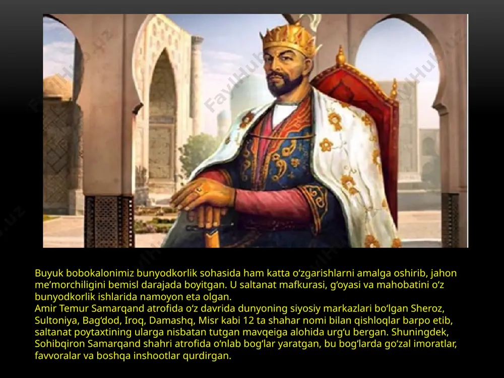 sh mumkin. temur davrida kesh shahar qurilishi yakunlandi. «hisor»ning janubi-g„arbida hukumat saroyi oqsaroy va atrofida rabotlar, bog„-rog„lar qurildi.temur saltanat poytaxti samarqandni bezatishga alohida e‟tibor berdi. shaharda «hisori», qal‟a, ulug„vor inshoatlar va tillakor saroylar bunyod ettirdi. samarqandga kiraverishdagi ko„hak tepaligida cho„pon ota maqbarasi ulug„bek davrida qurilgan bo„lib, bu inshootda mutanosiblik, umumiy shaklning nafisligi, bezaklarda ulug„vorlik uyg„unlashib ketgan. temur davrda samarqand afrosiyobdan janubda mo„g„ullar davridagi ichki va tashqi shahar o„rnida qurila boshladi hamda bu maydon qal‟a devori va xandok bilan o„ralib (1371 y) hisor deb ataldi. hisor 500 gektar bo„lib devor bilan o„ralgan. shaharga oltita darvozadan kirilgan.shahar mahalalardan iborat bo„lib, guzarlarga birlashgan. shaharda me‟moriy majmualar shakllanishi temur va temuriylar davrining eng katta yutug„i bo„ldi. me‟morchilik taraqqiyotning yangi bosqichiga ko„tarildi, inshootlar ko„lami bilan birga uning shakli ham ulkanlashdi. bu jarayon muhandislar, me‟morlar va naqqoshlar zimmasiga yangi vazifalarni qo„ydi. temur davrida gumbazlar tuzilishida qirralar oralig„i kengaydi. ikki qavatli gumbazlar qurishda ichkaridan yoysimon qovurg„alarga tayangan …
