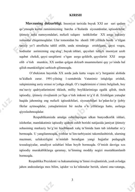 ularning mazmuni, uzluksizligini ta’minlab beradigan yangi hujjatlar pedagogik texnalogiyalar, amaliyot uslublari bilan boyib bormoqda. o’tmish davriga xos iqtisodiy murakabliklarga qaramay, ta’limning moddiy negizi mustahkamlanib bormoqda. respublika prezidenti va hukumatining ta’limni rivojlantirish, yosh avlodga jahon andozalariga mos bilim, iqtidor va ko’nikmalar berish, ularni ona-vatanga, milliy istiqlol g’oyalariga sadoqat ruhida tarbiyalash borasida ko’rsatilgan doimiy g’amxo’rlik tufayli ta’lim-tarbiya ishlarining bugungi qiyofasi tubdan o’zgardi. prezidentimiz sh.m.mirziyoyev bmt ning 72-sessiyasida shunday degan edi: “biz butun jahon jamoatchiligiga islom dinining asl insonparvarlik mohiyatini yetkazishni eng muhim vazifa, deb hisoblaymiz. biz muqaddas dinimizni azaliy qadriyatlarimiz mujassamining ifodasi sifatida behad qadrlaymiz. biz muqaddas dinimizni zo'ravonlik va qon to'kish bilan bir qatorga qo'yadiganlarni qat'iy qoralaymiz va ular bilan hech qachon murosa qila olmaymiz. islom dini bizni ezgulik va tinchlikka, asl insoniy fazilatlarni asrab-avaylashga da'vat etadi. markaziy osiyo uyg'onish davrining ko'plab yorqin namoyandalarining islom va jahon sivilizatsiyasiga qo'shgan bebaho hissasini alohida qayd etmoqchiman. ana shunday buyuk allomalardan biri imom buxoriy …