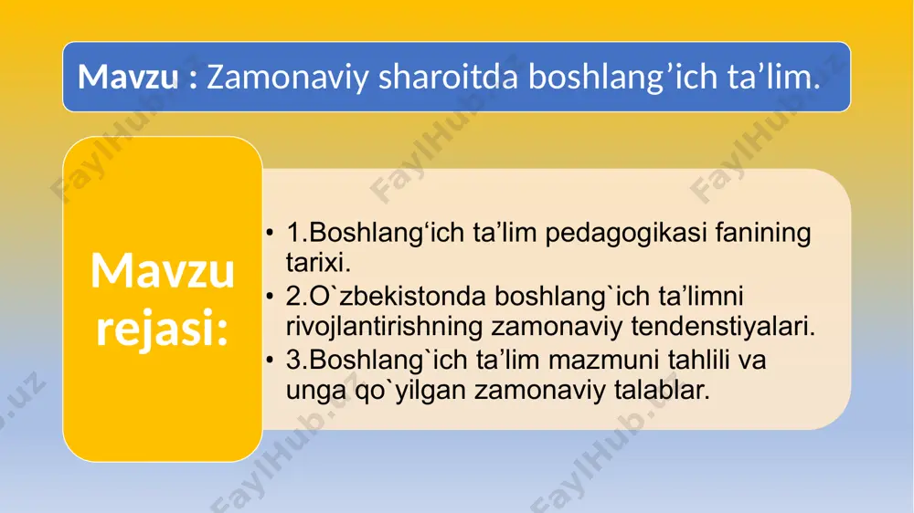 a koʻnikmalarini hosil qilish, tabiat va jamiyat haqida ilk bilimlar berish, xulqodobga oʻrgatishdir. hozirgi oʻzbekiston hududida dastlabki boshlangʻich maktab —maktabxonalar arab xalifaligi tomonidan oʻrta osiyo yerlari bosib olingandan keyin (7-asr) mahalliy xalq va ularning bolalarini musulmon ruhida tarbiyalash maqsadida ochilgan. abu rayhon beruniy o`quvchiga bilim berish va uni xat-savodli qilish haqida gapirar ekan, qog`ozning paydo bo`lishi, yozuv va uning vujudga kelishi, turli yozuv belgilari, o`quv qurollari haqida alohida to`xtaladi. olim ta’lim-tarbiyaga o`quvchilarning diqqatini jalb qilish, mashg`ulotlar davomida o`quvchilarning zerikib qolmasligi uchun ta’lim olishning turli yo‘llari va shakl hamda metodlarini ko`rsatib beradi. xususan uning «bizning maqsadimiz o`quvchini toliqtirib qo`ymaslikdir. hadeb bir narsani o`qib berish zerikarli bo`ladi. agar o`quvchi bir masaladan boshqa bir masalaga o`tib tursa, u xuddi turli-tuman bog`larda sayr qilgandek bo`ladi, bu bog`dan o`tar-o`tmas boshqa bir bog` boshlanadi. kishi ularning hammasini ko`rgisi keladi. har bir yangi narsa kishiga rohat bag`ishlaydi deb behuda aytilmaydi», -deb ta’kidlashidan ta’lim mazmuniga va dars jadvalini …