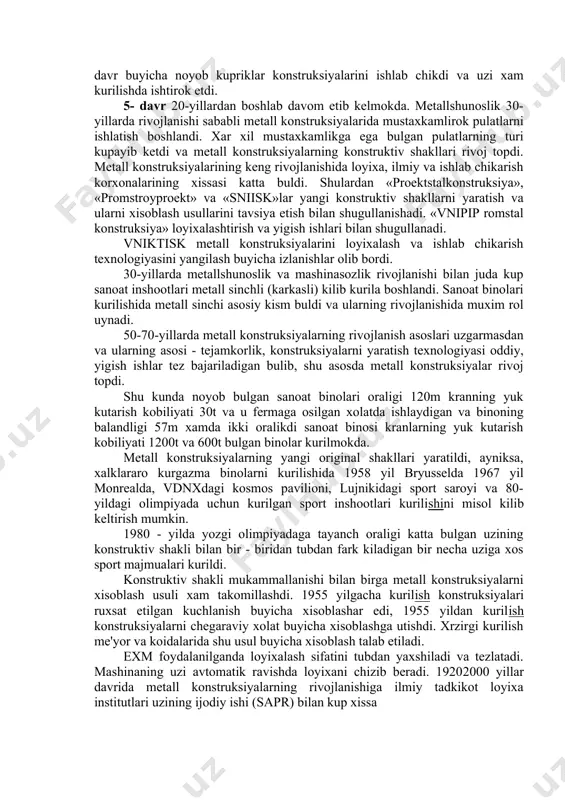 prik kurish buyicha mutaxassis, birinchi bulib tirgakli fermani kuprik kurilishida kulladi. u prokat sortamentini ishlab chikdi. l.d.proskuryakov (1858-1926y.y.) kuprik fermalariga uchburchak va xovon panjarasini kullash usulini kiritdi va fermalarning kulay shaklining nazariyasini ishlab chikdi. 19 asrning oxiri va 20 asrning boshlarida metalldan bulgan kurilishlarni rivojlanishiga olimlardan f.s. yasinskiy, v.g.shuxov va i.p.prokofev katta xissa kushdilar. f.s.yasinskiy (1858-1899y.y.) birinchi bulib kup oralikli sanoat binolarining ichki oralikdagi ustunlarni metaldan kilishni tavsiya etdi va tayanch oraligi katta bulgan binolarni buklanuvchan va ravokdi konstruksiyalar bilan yopishni ishlab chikdi. ustunlarni nomarkaziy ta'sir etayotgan kuchga xisoblash usullarini rivojlantirdi va xisoblashga anikdiklar kiritdi. s.g.shuxov (1853-1939y.y) birinchi bulib dunyo mikyosida fazoviy panjara konstruksiyalar orkali tomlarni yopish usullarini va taram-taram yuzali konstruksiyalar orkali turli xil minoralarga uxshash kurilmalarni ishlab chikdi va ularning kurilishida ishtirok etdi. yangi konstruktiv rezervuar shakllarini, ularni xisoblash va okilona ulchamlarini topish usullarni ishlab chikdi. i.p.prokofev (1877-1958y.y) oldingi tajribalarni e'tiborga olib metall kupriklarini konstruksiyasini tayyorlanishi va yigilishi …