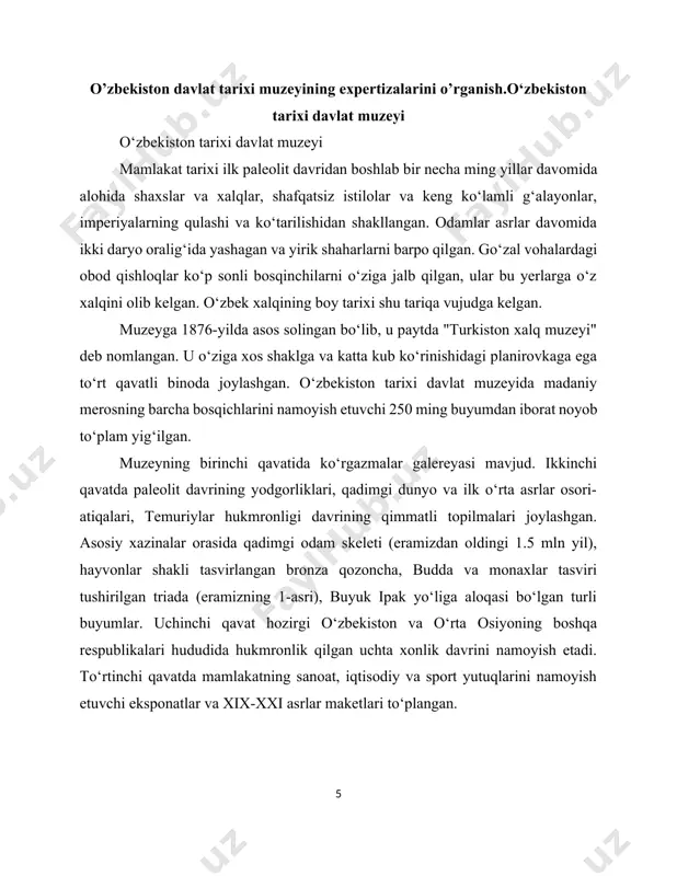 1998 yil 98 sonli qarori «o`zbekmuzey» jamg`armasiga, o`zbekiston muzeylar jamoatchilik kengashining xalqaro muzeylar kengashi-ikomga a`zo bo`lganligini hisobga olib, o`zbekiston muzeylariga har tomonlama yordam ko`rsatish vazifasi topshirildi. ushbu qarorda mamlakat muzeylarini ta`mirlash, zarur texnik vositalar va zamonaviy asbob-uskunalar bilan jihozlash hamda mablag` bilan ta`minlash vazifalari yuklatilgan. mazkur qarordan ilhomlangan «o`zbekmuzey» hodimlari qator ishlarni amalga oshirmoqdalar. mavjud barcha o`zbek muzeylari fondidagi eksponatlarni yagona ro`yxatini tuzish, eksponatlarni doimiy himoya qilish sharoitlarini yaxshilash, saqlanayotgan eksponatlarning qat`iy nazoratini ta`minlash, ilmiy konsepsiyalar ishlab chiqish, xorijiy mamlakatlardagi muzeylarda saqlanayotgan tariximizga va ma`naviy boyligimizga oid osoriatiqalarni, shuningdek, qadimiy qo`lyozmalarni ro`yxatga olish, ularni halqimizga tanishtirish, shuningdek, muzeylardagi nodir eksponatlarni dunyoga olib chiqish, jahon xalqlariga tanishtirish sohasida tegishli tashkilotlar bilan hujjatlar ishlab chiqish shartnomalar tuzish ishlarini olib bormoqdalar. o`zbekiston respublikasi vazirlar maxkamasining «ijtimoiy va ma`naviy muhitni yanada sog`lomlashtirish to`g`risida» gi hamda «ma`naviy va ma`rifiy islohotlarni samaradorligini yanada oshirish chora tadbirlari to`g`risi»dagi qarorlariga javoban qator tadbirlar ishlab chiqdik. shunga ko`ra, mamlakatdagi …