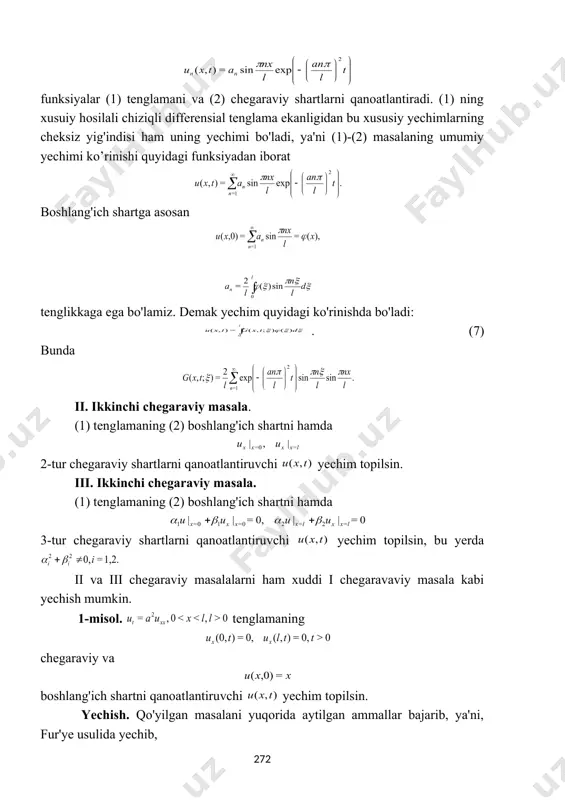 hegaraviy va boshlang'ich shartni qanoatlantiruvchi yechimi topilsin. yechish. yechimni ko'rinishda izlab va uni berilgan tenglama va berilgan chegaraviy shartlarga qo'yib quyidagini hosil qilamiz: (9) (10) (11) endi (9), (11) masalani yechamiz. ma'luki, (9) oddiy differensial tenglamaning yechimi (12) ko'rinishda bo'ladi va ga asosan va larni topamiz: bundan oxirgi tenglamaning musbat eychimlarini deb belgilaymiz va unga mos xos funksiya ko'rinishda bo'ladi. (10) tenglamaning ga mos yechimi ko'rinishda bo'ladi, bu yerda -- ixtiyoriy o'zagarmaslar. demak, berilgan masalaning yechimi (13) funksiyadan iboratdir, bunda ni hosobga olib koeffitsientlarni hisoblaymiz: topilgan ushbu koeffitsientlarni (13) tenglikka qo'yib, izlangan yechimni hosil qilamiz. mustaqil yechish uchun masalalar. i. tenglama uchun yarim polosada qo'yilgan quyidagi aralash masalalarning yuechimi topilsin. 1. 2. 3. 4. 5. 6. 7. 8. 9. 10. 11. 12. 13. 14. 15. 16. 17. 18. 19. 20. ii. issiqlik o'tkazuvchanlik tenglamasi uchun yarim polosada qo'yilgan quyidagi aralash masalani yeching. 1. 2. 3. 4. 5. 6. 7. 8. …