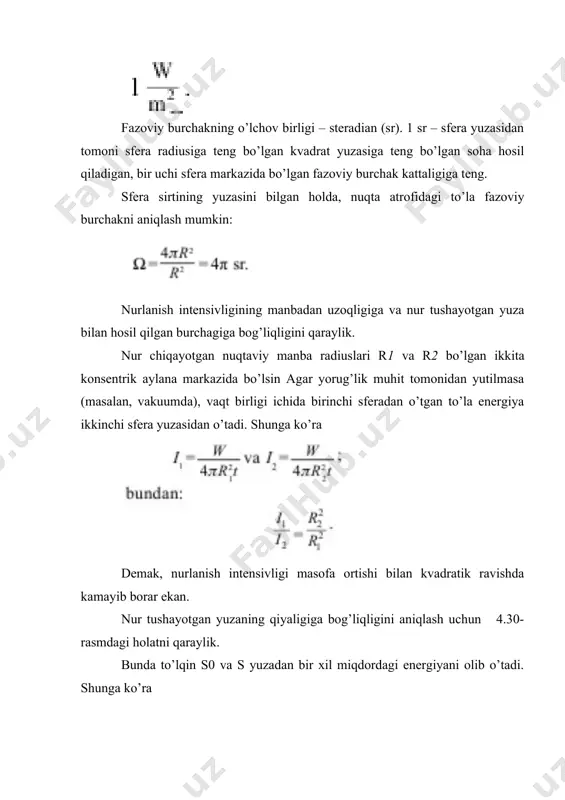 hida chiqqan yorug’lik oqimiga teng. yuza birligiga tushgan yorug’lik oqimiga yoritilganlik deyiladi: yoritilganlik si birliklar tizimida lyuks (lx) da o’lchanadi. 1 m2 yuzaga tekis taqsimlangan holda 1 lm yorug’lik oqimi tushsa, yuzaning yoritilganligi 1 lx ga teng bo’ladi. yoritilganlik qonunlari. yuqorida aytilganidek, yuzaning yoritilganligi yurug’lik kuchiga to’g’ri proporsional. lekin yoritilganlik faqat yorug’lik kuchiga bog’liq bo’lib qolmasdan, manba va yoritiladigan yuzagacha bo’lgan masofaga ham bog’liq. 3. yorug’lik manbayi sfera markazida joylashishi. yorug’lik manbayi sfera markazida joylashgan bo’lsin yuzaning yoritilganligi, manba yorug’lik kuchiga to’g’ri proporsional, masofaning kvadratiga teskari proporsional. ko’pgina hollarda yorug’lik oqimi yuzaga burchak ostida tushadi. yorug’lik oqimi ∆s yuzaga φ burchak ostida tushayotgan bo’lsin. ∆s yuza, ∆s0 yuza bilan quyidagicha bog’langan: ∆s0 = ∆scosφ. u holda fazoviy burchak yuzaning yoritilganligi, manba yorug’lik kuchiga, yorug’lik nuri va yorug’lik oqimi tushayotgan yuzaga o’tkazilgan perpendikular orasidagi burchak kosinusiga to’g’ri proporsional, masofaning kvadratiga teskari proporsional. agar yuza bir nechta manba bilan yoritilgan bo’lsa, umumiy …